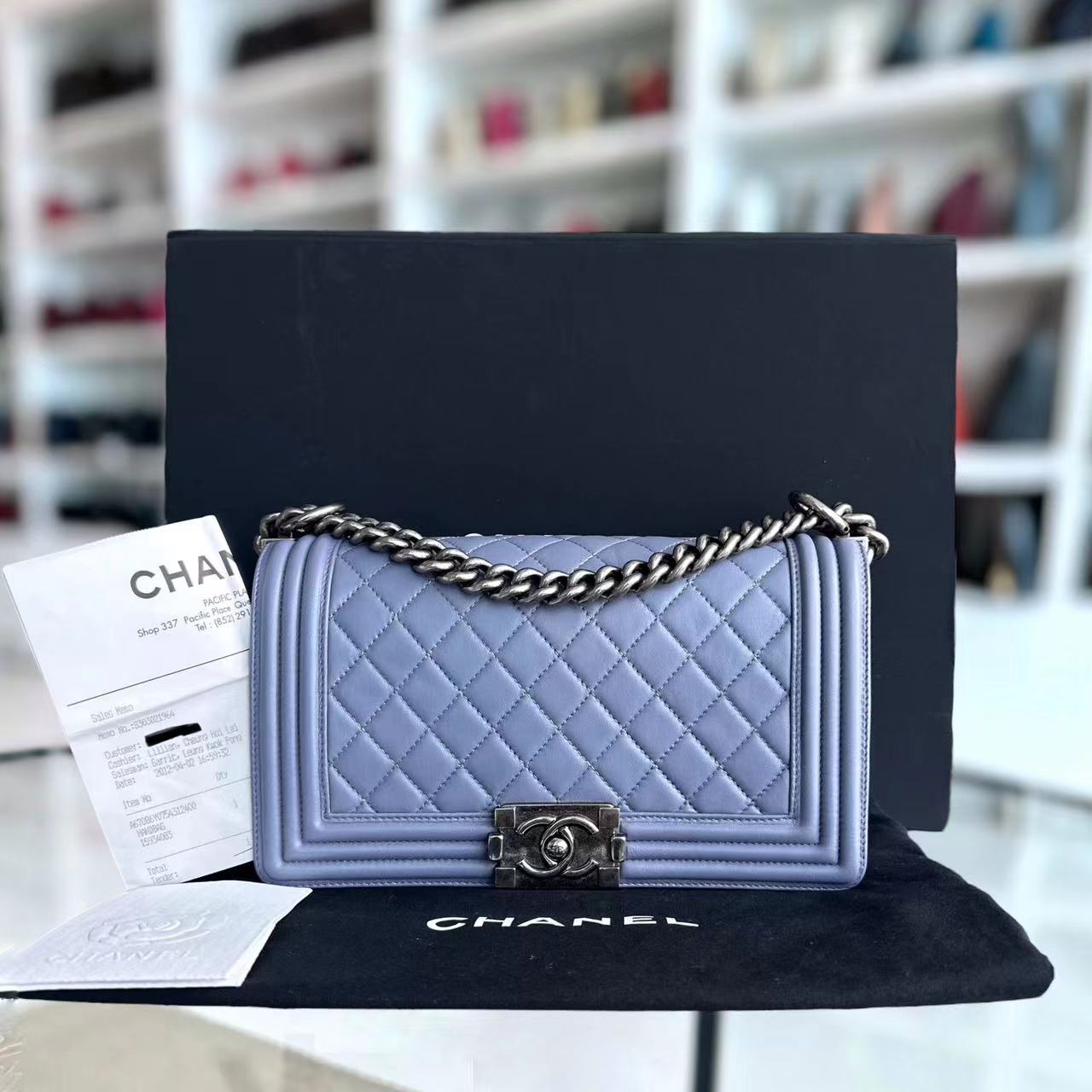 *Full Set, Receipt* Chanel Boy Old Medium 25CM Quilted Lambskin Lavender Light Purple Silver Hardware Series 15 - Luxury Evermore