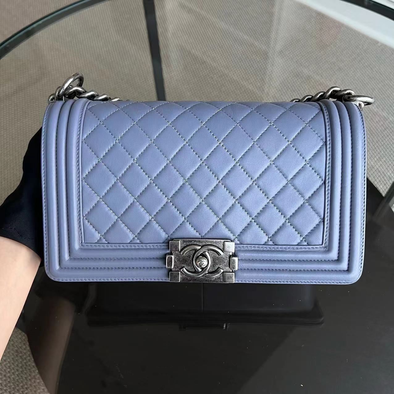 *Full Set, Receipt* Chanel Boy Old Medium 25CM Quilted Lambskin Lavender Light Purple Silver Hardware Series 15 - Luxury Evermore