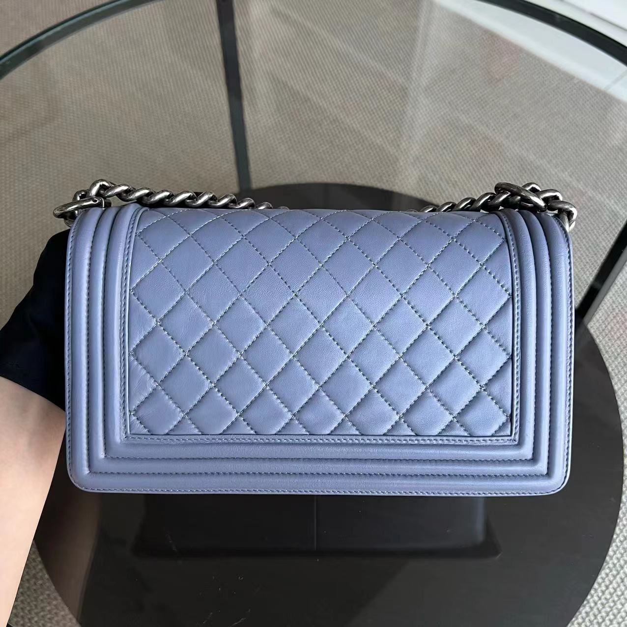 *Full Set, Receipt* Chanel Boy Old Medium 25CM Quilted Lambskin Lavender Light Purple Silver Hardware Series 15 - Luxury Evermore