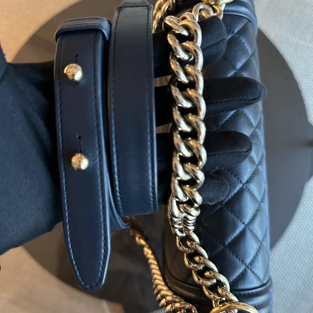 *Full Set Receipt* Chanel Boy Old Medium Quilted Calfskin Leboy 25CM Dark Blue GHW No 25 - Luxury Evermore