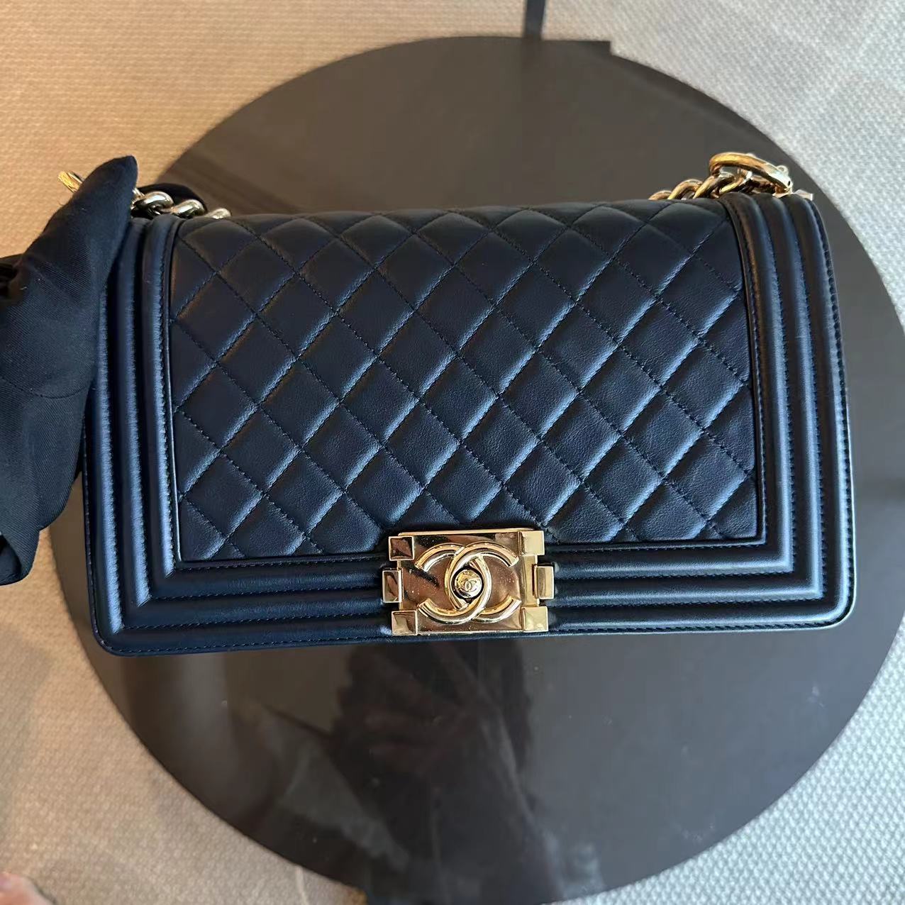 *Full Set Receipt* Chanel Boy Old Medium Quilted Calfskin Leboy 25CM Dark Blue GHW No 25 - Luxury Evermore