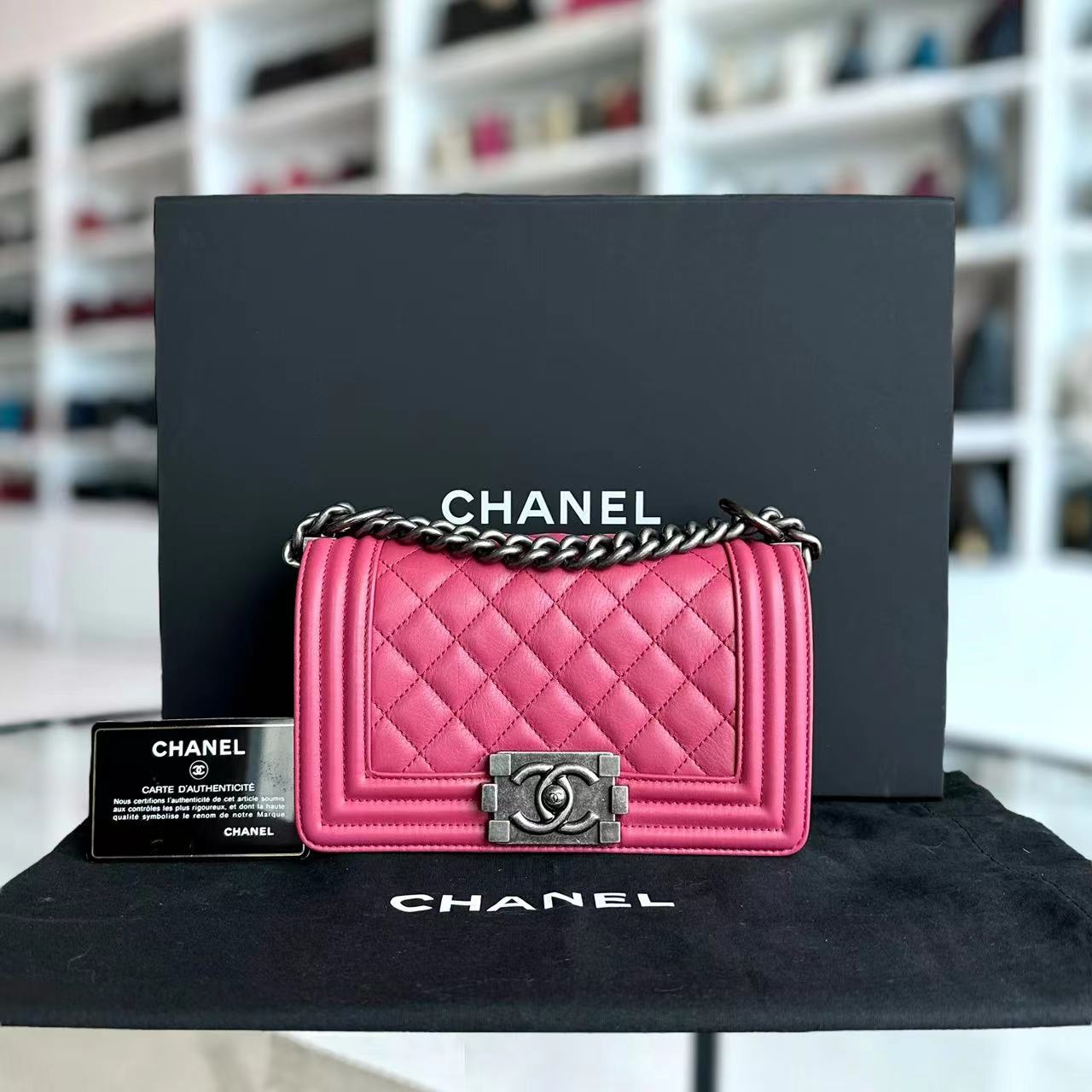 *Full Set, Receipt* Chanel Boy Small 20CM Quilted Calfskin Hot Pink RSHW No 26 - Luxury Evermore