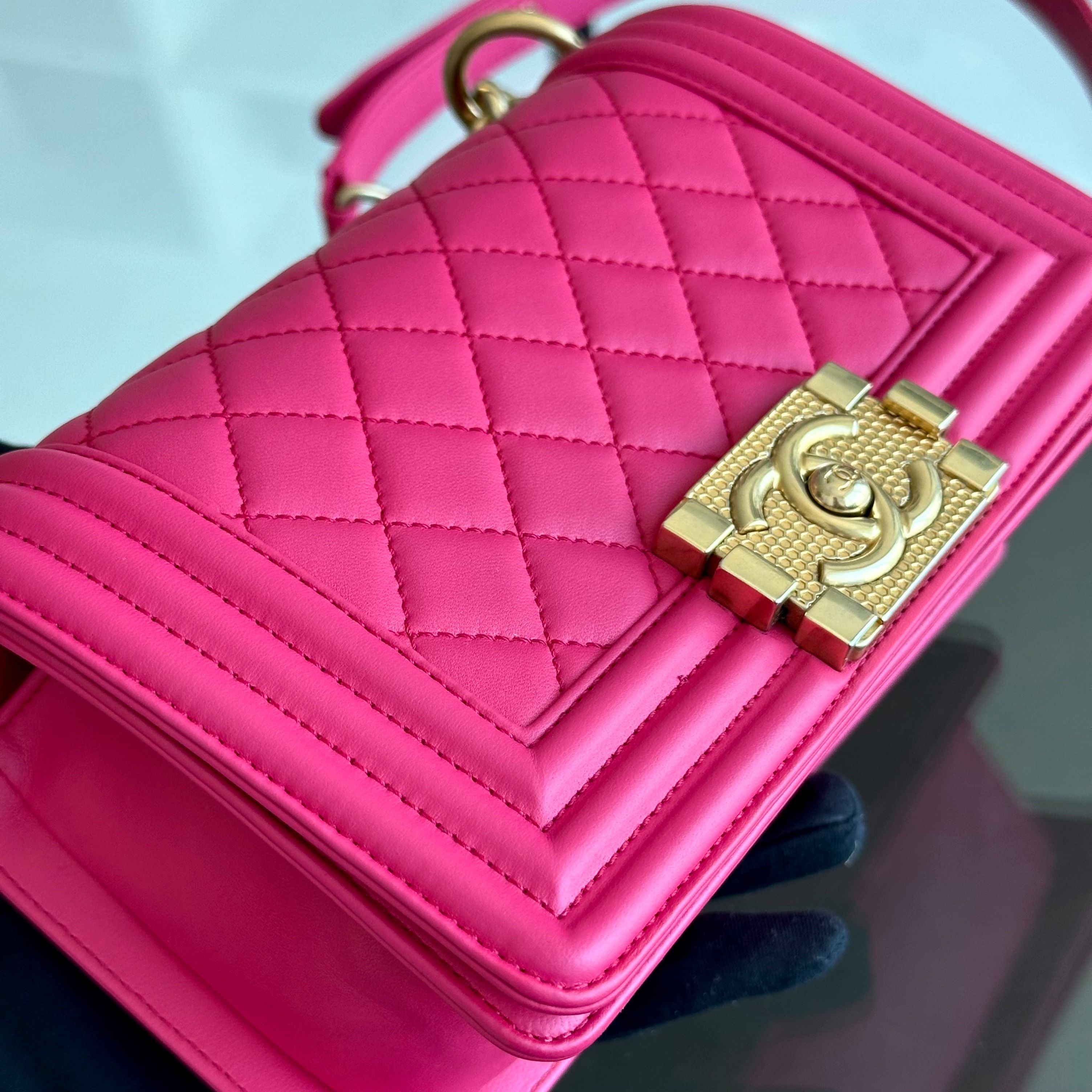 *Full Set, Receipt* Chanel Boy Small 20CM Quilted Lambskin Hot Pink Leboy GHW No 23 - Luxury Evermore