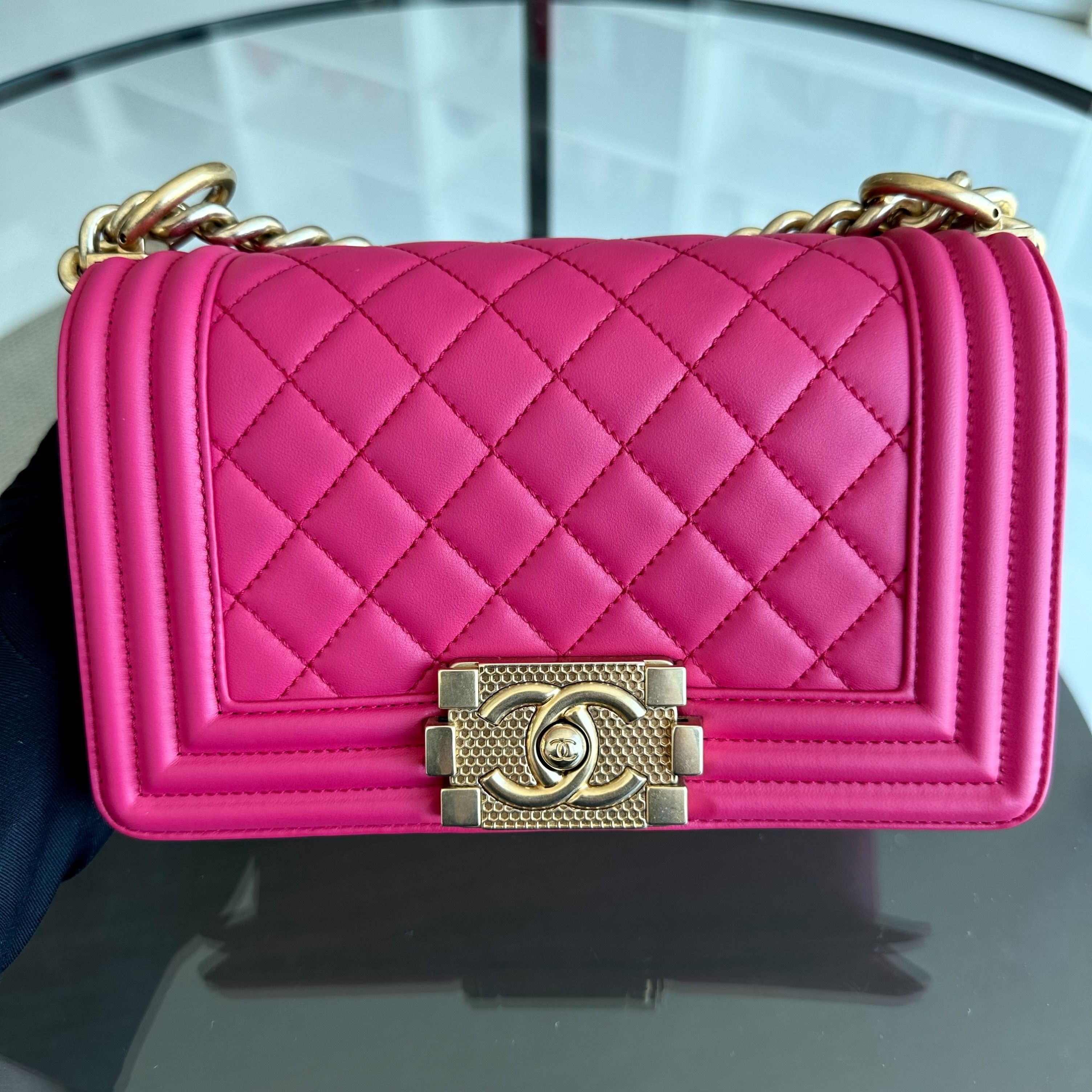 *Full Set, Receipt* Chanel Boy Small 20CM Quilted Lambskin Hot Pink Leboy GHW No 23 - Luxury Evermore