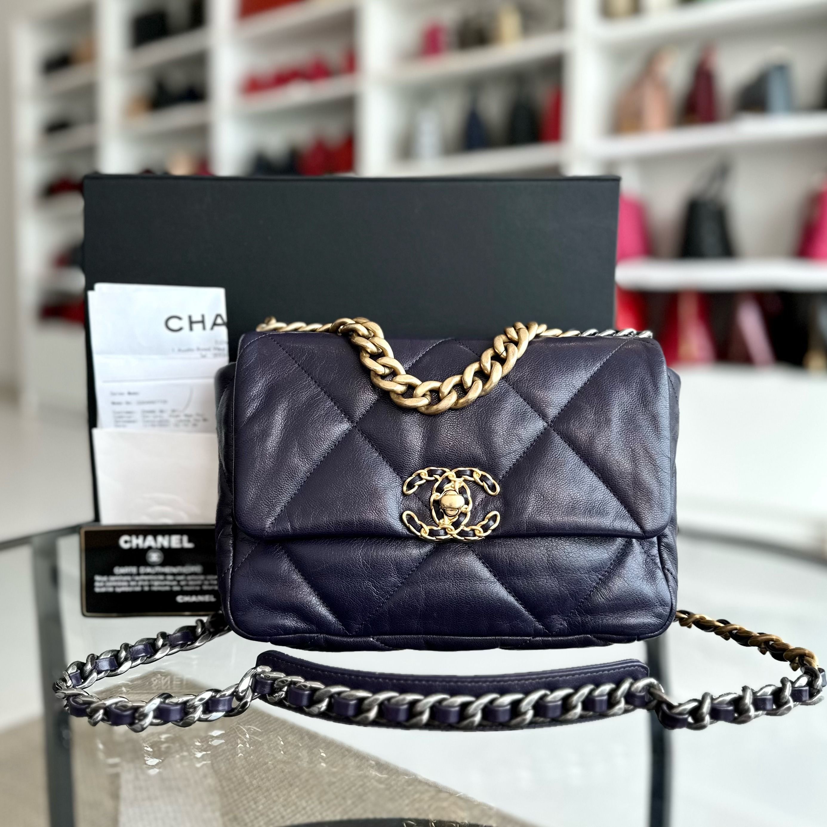 *Full Set, Receipt* Chanel C19 Small 19 Bag Goatskin Dark Purple 3-Tone 19Bag GHW No 30 - Luxury Evermore