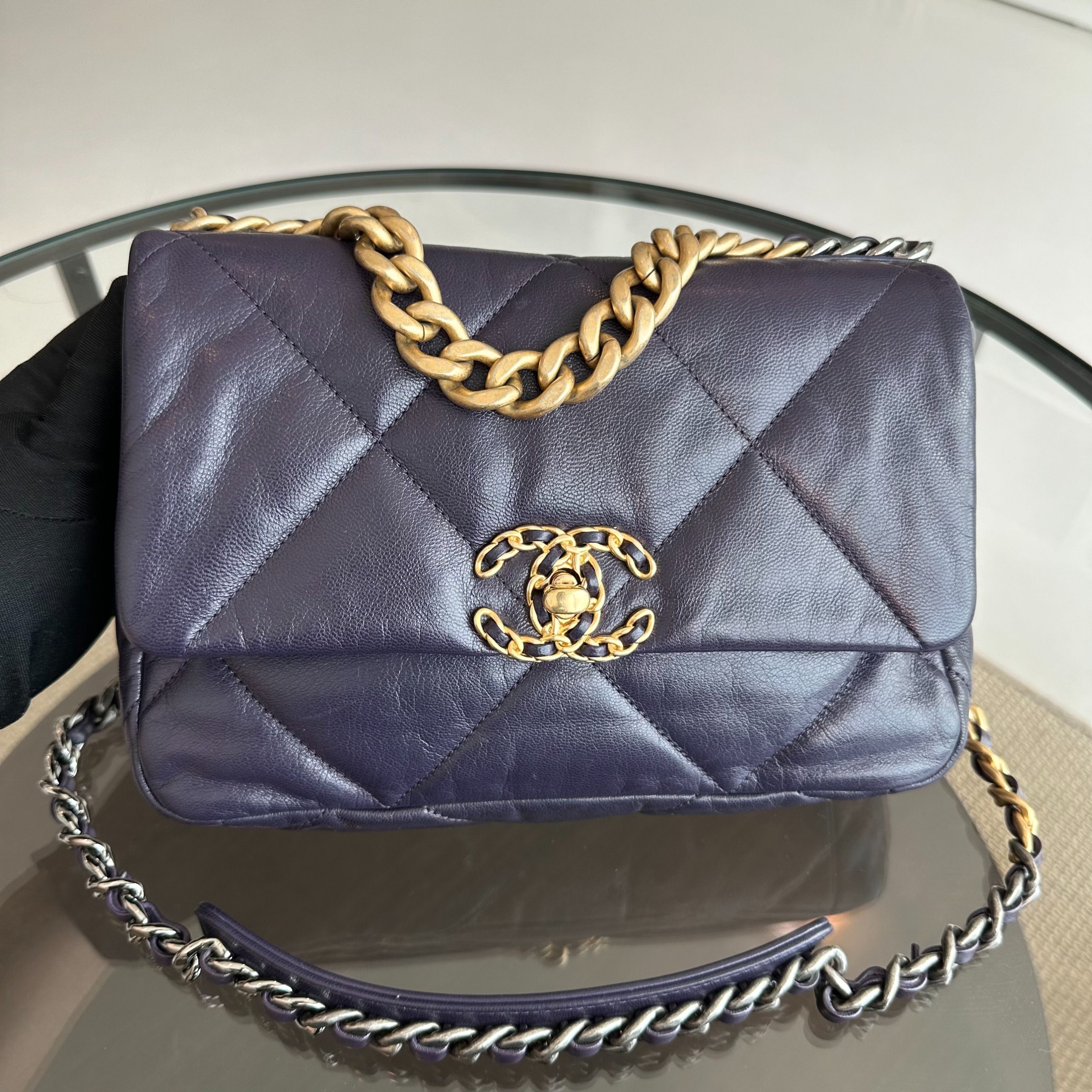 *Full Set, Receipt* Chanel C19 Small 19 Bag Goatskin Dark Purple 3-Tone 19Bag GHW No 30 - Luxury Evermore