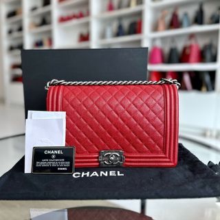 *Full Set, Receipt* Chanel Caviar Boy New Medium 28CM Leboy Red RSHW No 23 - Luxury Evermore