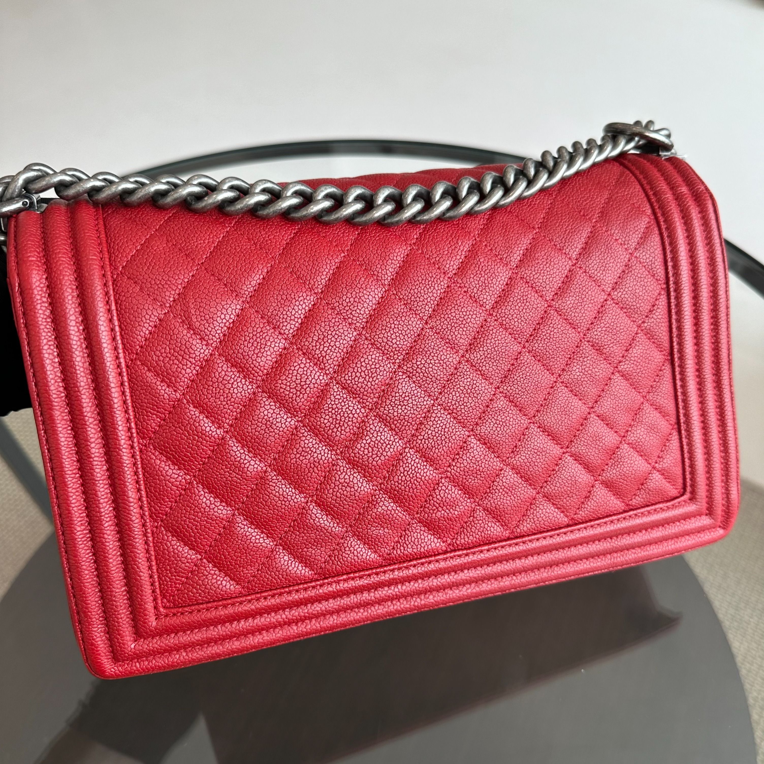 *Full Set, Receipt* Chanel Caviar Boy New Medium 28CM Leboy Red RSHW No 23 - Luxury Evermore