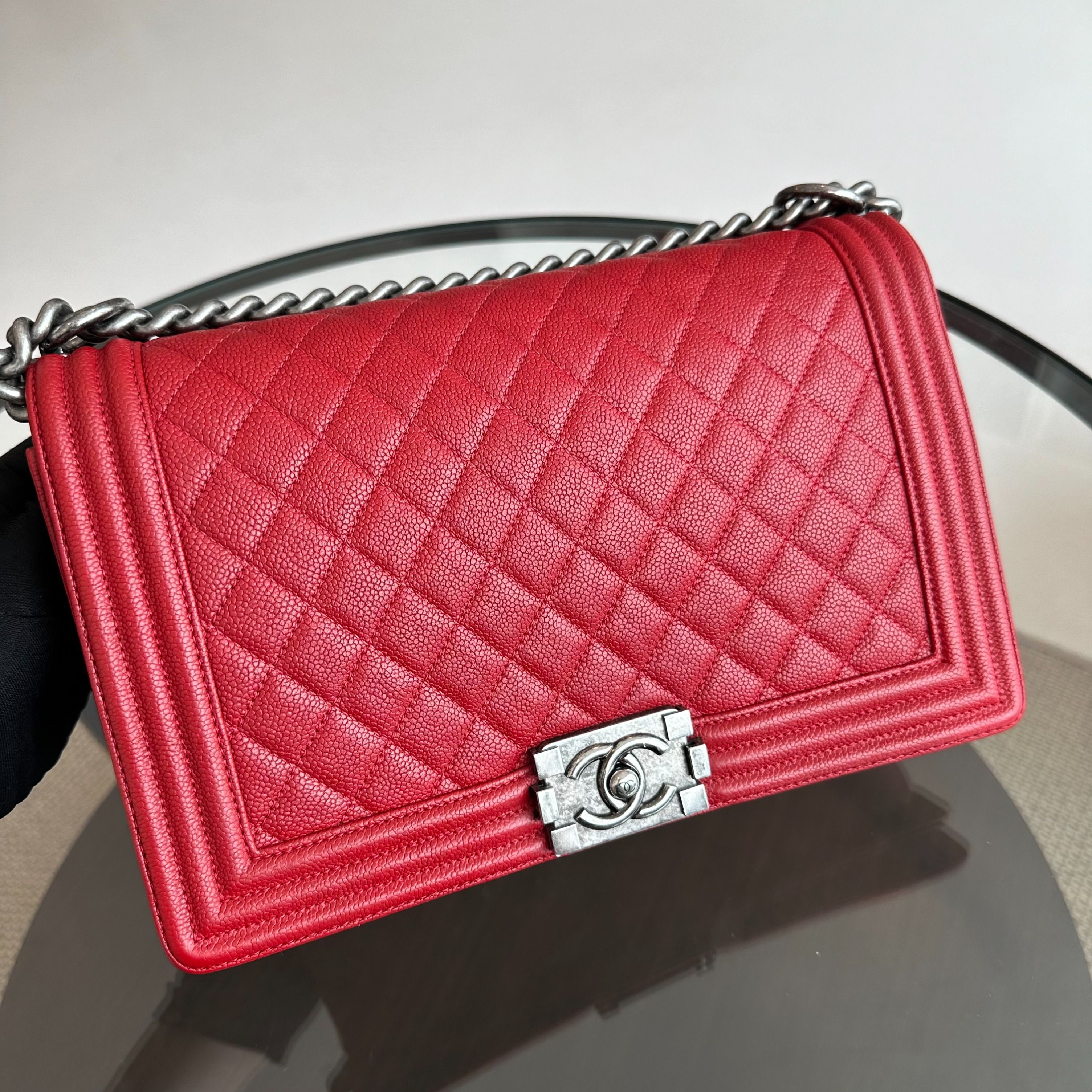 *Full Set, Receipt* Chanel Caviar Boy New Medium 28CM Leboy Red RSHW No 23 - Luxury Evermore