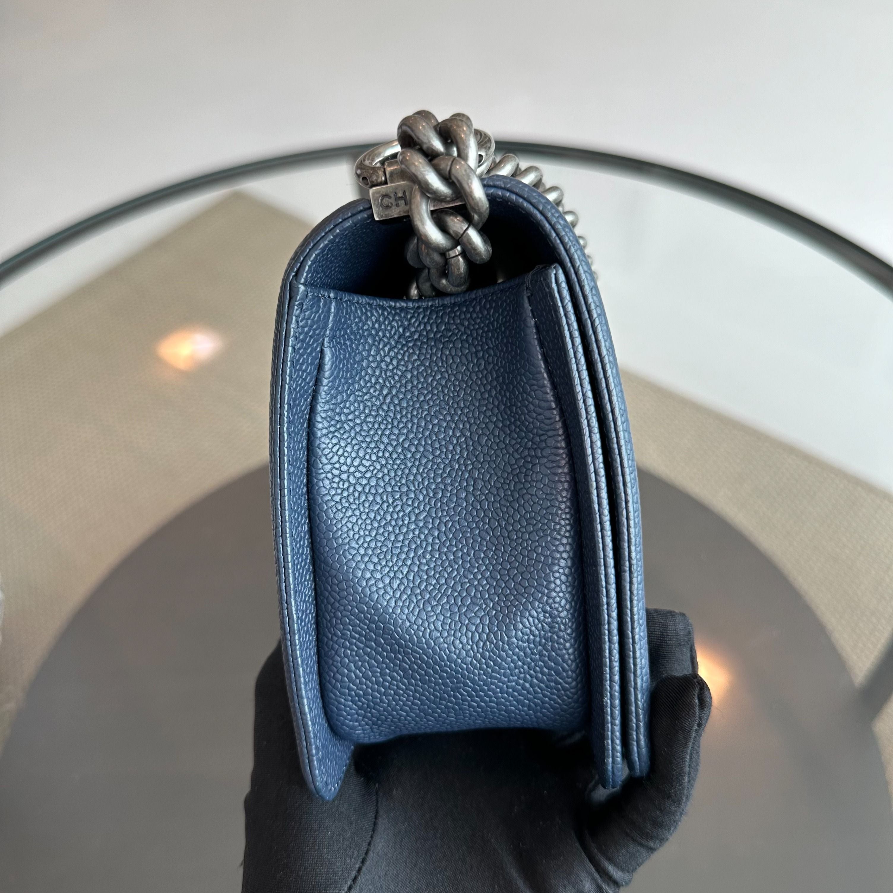 *Full Set, Receipt* Chanel Caviar Boy Old Medium 25CM Chevron Dark Blue RSHW No 28 - Luxury Evermore