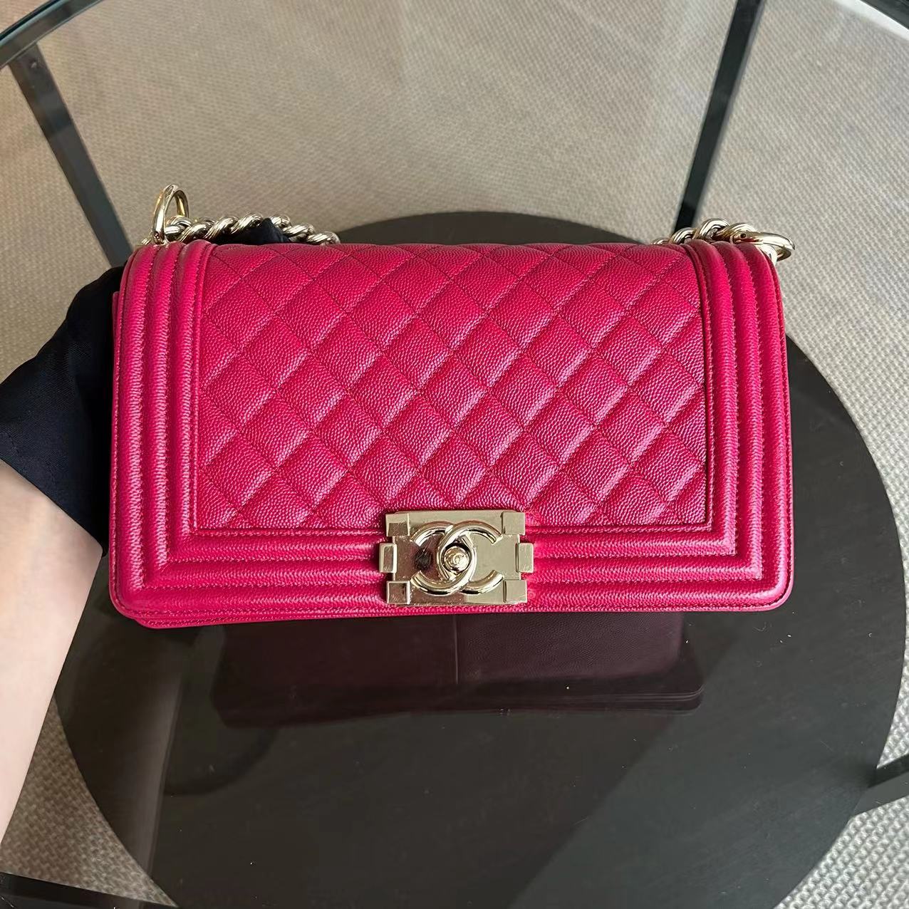 *Full Set, Receipt* Chanel Caviar Boy Old Medium 25CM Quilted Calfskin Hot Pink GHW LGHW No 23 - Luxury Evermore