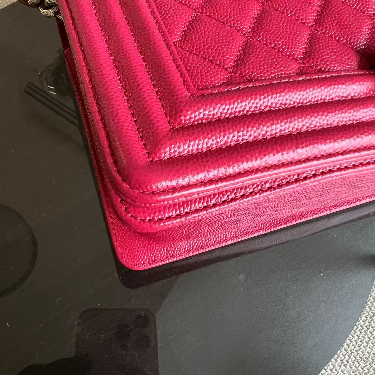 *Full Set, Receipt* Chanel Caviar Boy Old Medium 25CM Quilted Calfskin Hot Pink GHW LGHW No 23 - Luxury Evermore