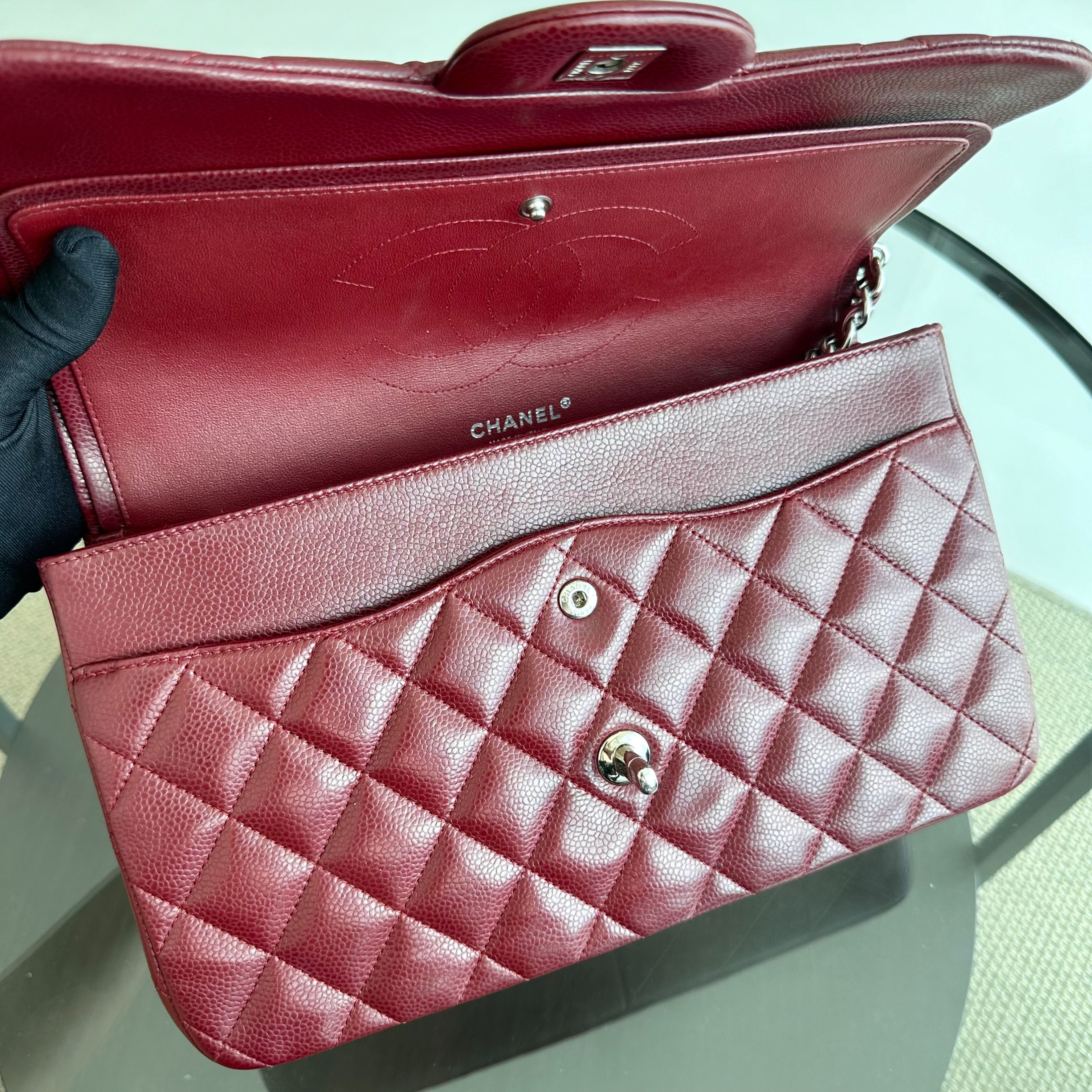 *Full Set, Receipt* Chanel Caviar Jumbo Double Flap Classic Flap Burgundy SHW No 14 - Luxury Evermore