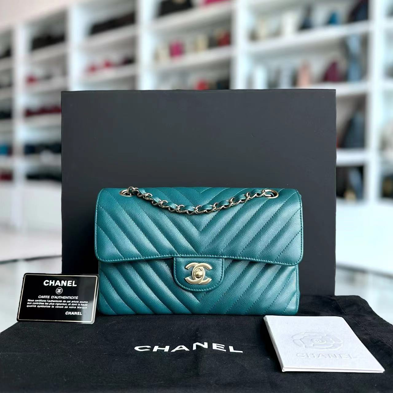 *Full Set Receipt* Chanel Caviar Small Classic Flap 23CM Chevron Calfskin Jade Green Blue GHW No 26 - Luxury Evermore