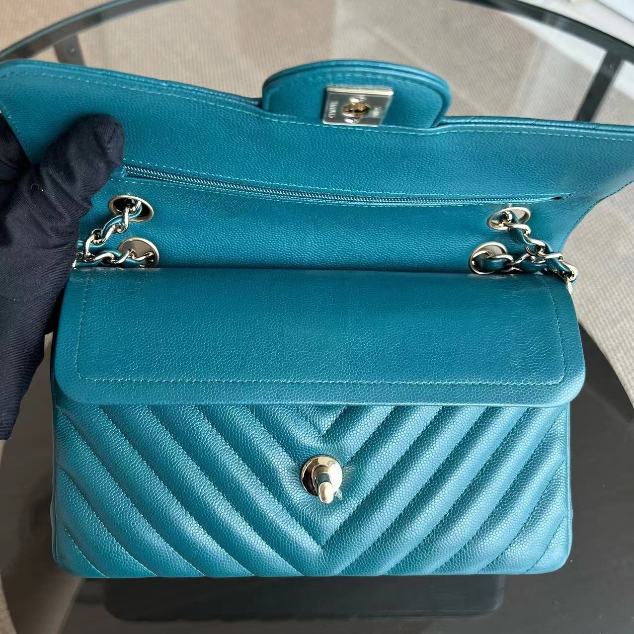 *Full Set Receipt* Chanel Caviar Small Classic Flap 23CM Chevron Calfskin Jade Green Blue GHW No 26 - Luxury Evermore