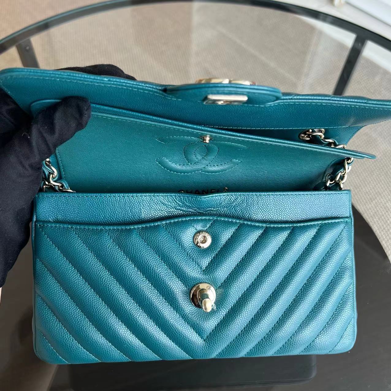 *Full Set Receipt* Chanel Caviar Small Classic Flap 23CM Chevron Calfskin Jade Green Blue GHW No 26 - Luxury Evermore