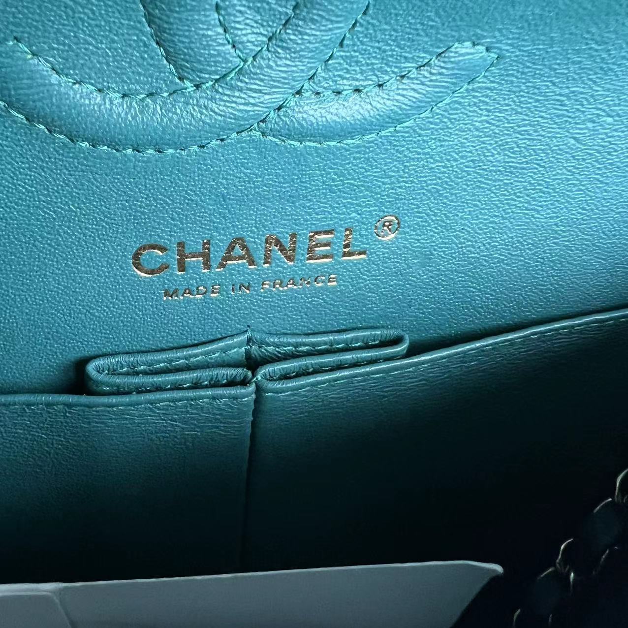 *Full Set Receipt* Chanel Caviar Small Classic Flap 23CM Chevron Calfskin Jade Green Blue GHW No 26 - Luxury Evermore