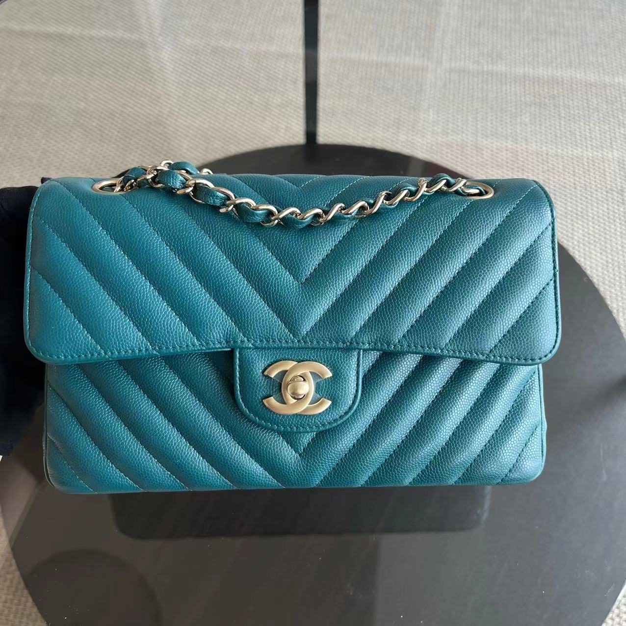 *Full Set Receipt* Chanel Caviar Small Classic Flap 23CM Chevron Calfskin Jade Green Blue GHW No 26 - Luxury Evermore