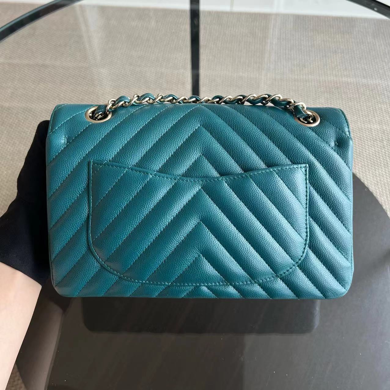 *Full Set Receipt* Chanel Caviar Small Classic Flap 23CM Chevron Calfskin Jade Green Blue GHW No 26 - Luxury Evermore