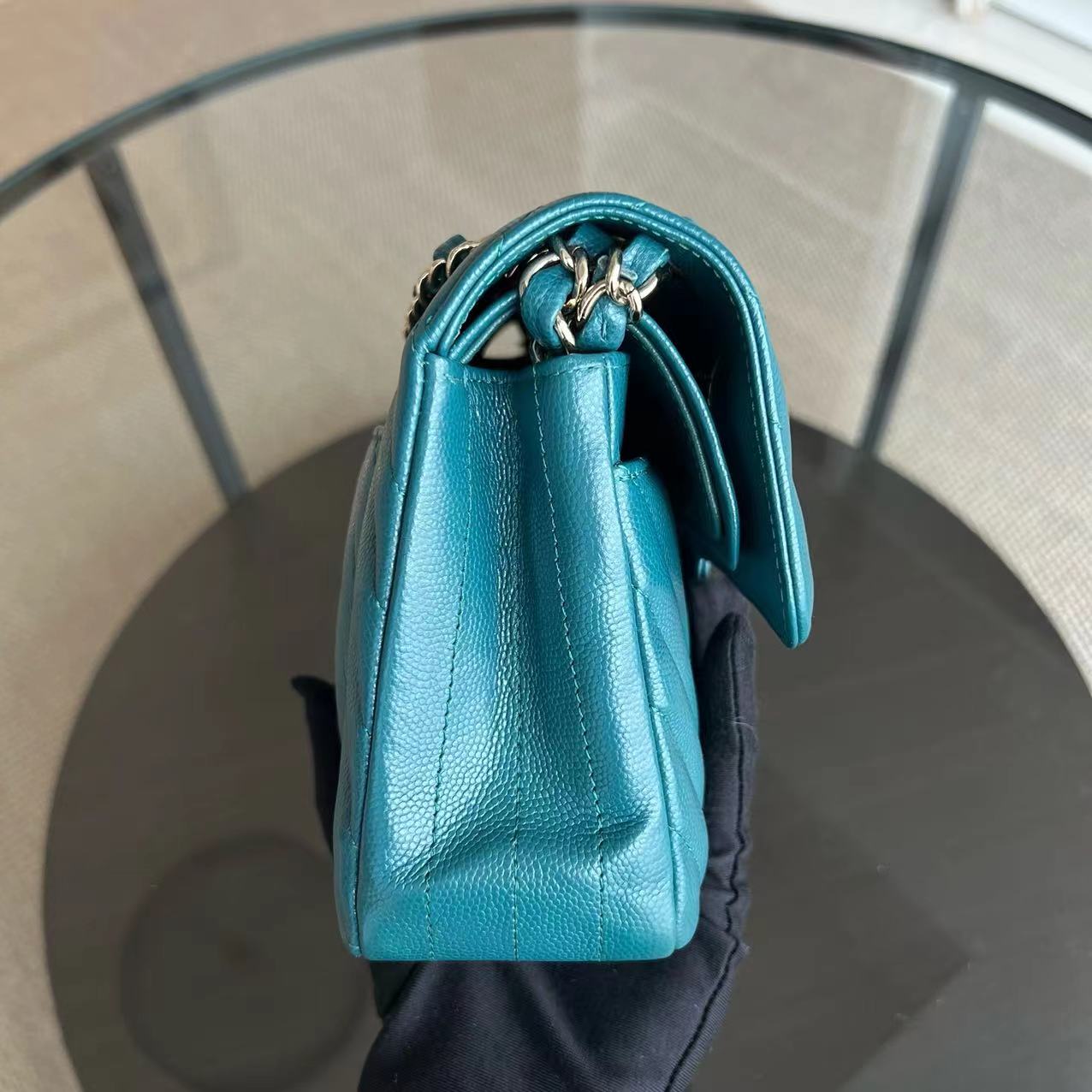 *Full Set Receipt* Chanel Caviar Small Classic Flap 23CM Chevron Calfskin Jade Green Blue GHW No 26 - Luxury Evermore