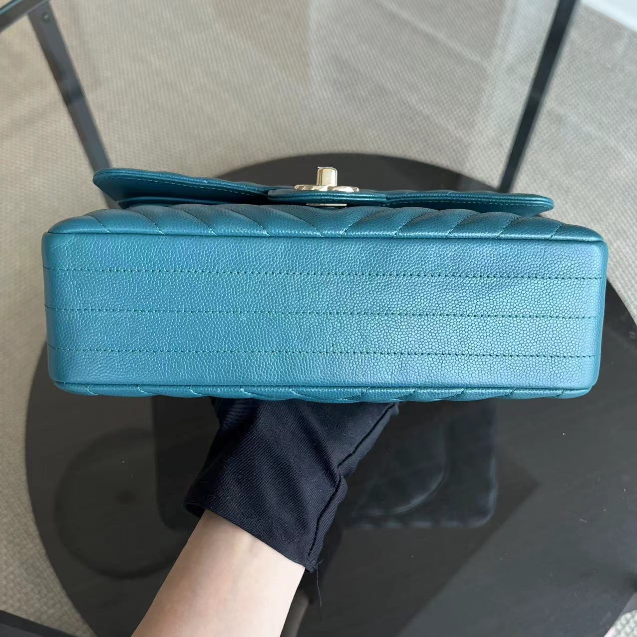 *Full Set Receipt* Chanel Caviar Small Classic Flap 23CM Chevron Calfskin Jade Green Blue GHW No 26 - Luxury Evermore