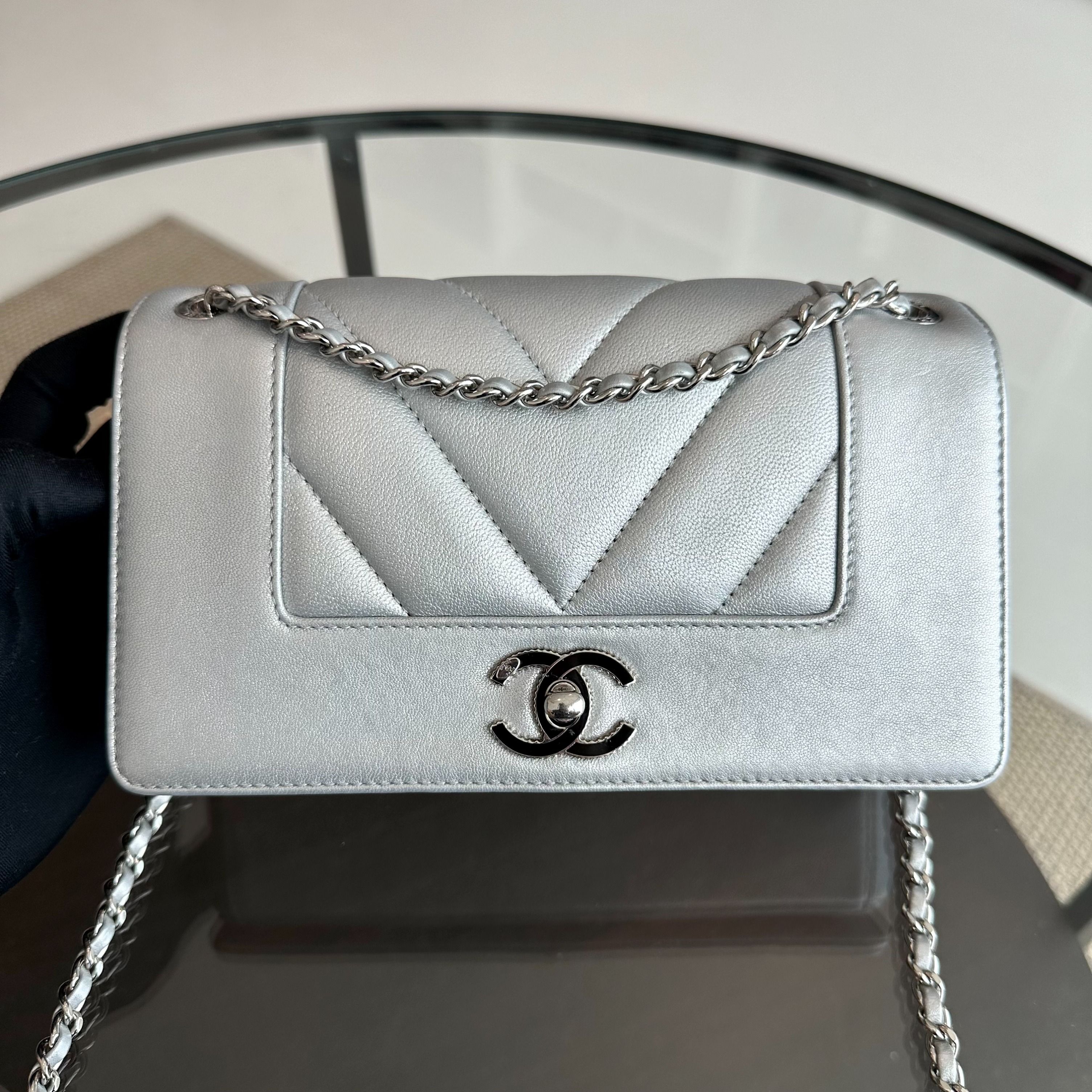 *Full Set, Receipt* Chanel Mademoiselle Small Seasonal Double Flap Calfskin Quilted Silver No 24 - Luxury Evermore