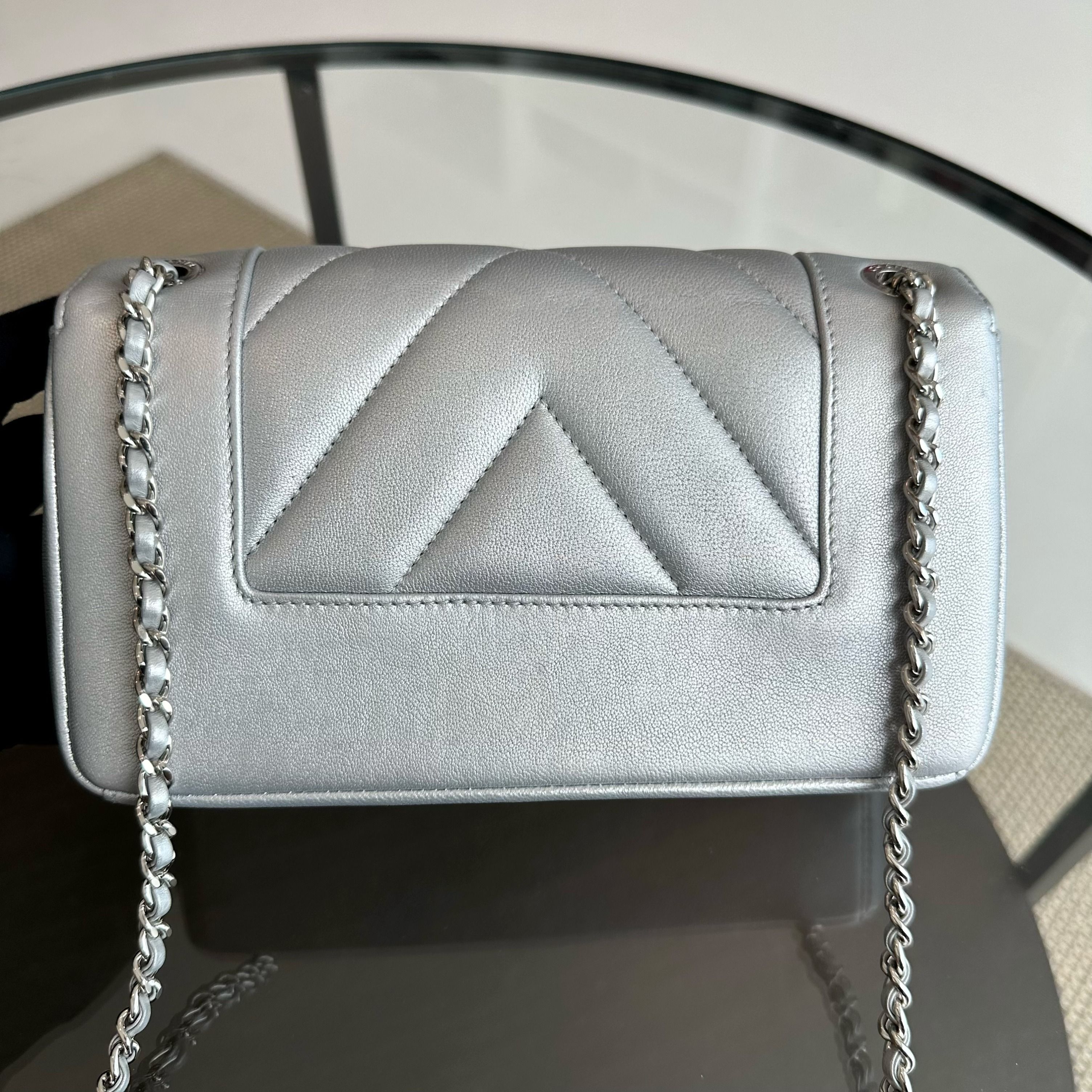 *Full Set, Receipt* Chanel Mademoiselle Small Seasonal Double Flap Calfskin Quilted Silver No 24 - Luxury Evermore