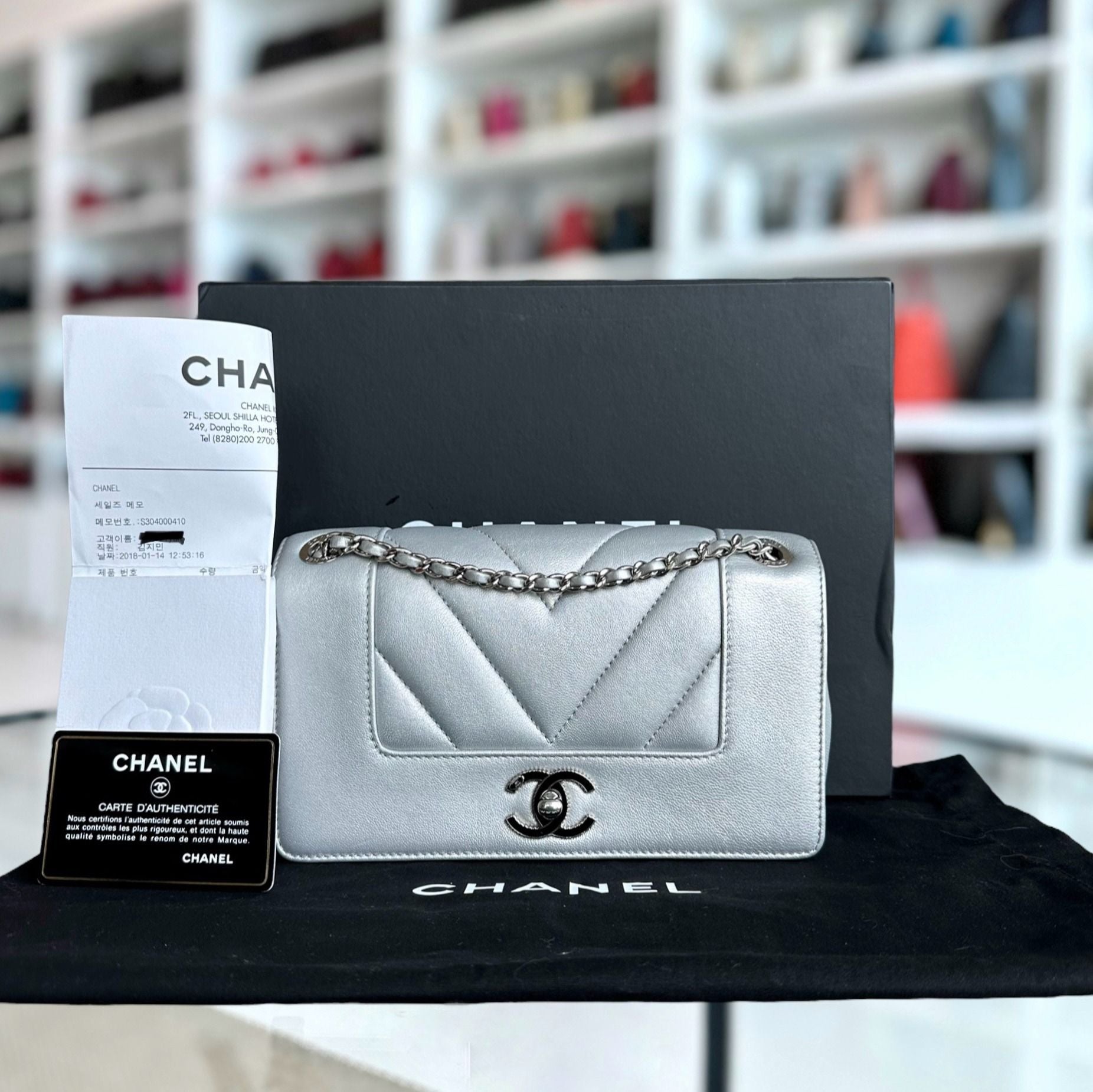 *Full Set, Receipt* Chanel Mademoiselle Small Seasonal Double Flap Chevron Calfskin Silver No 24 - Luxury Evermore