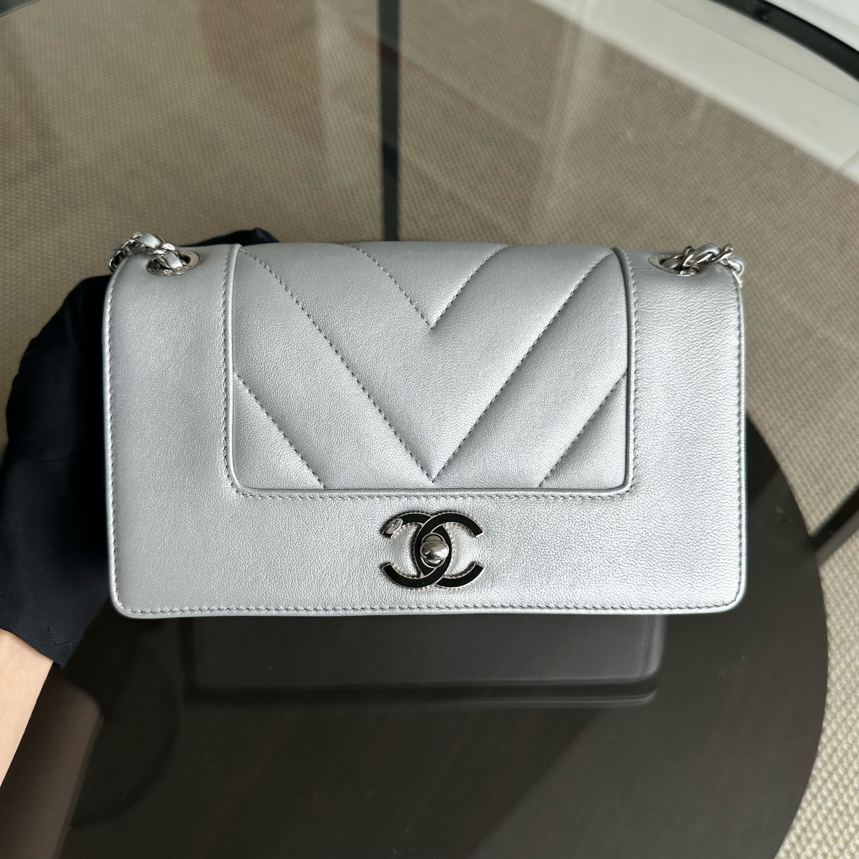 *Full Set, Receipt* Chanel Mademoiselle Small Seasonal Double Flap Chevron Calfskin Silver No 24 - Luxury Evermore