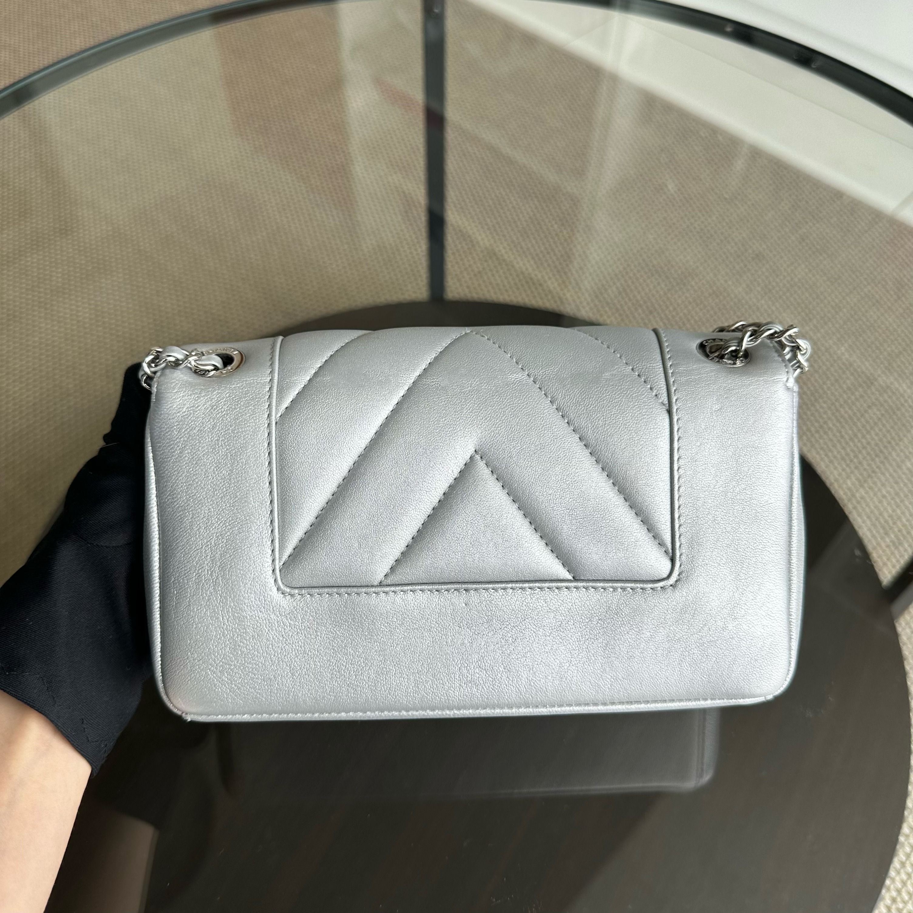 *Full Set, Receipt* Chanel Mademoiselle Small Seasonal Double Flap Chevron Calfskin Silver No 24 - Luxury Evermore