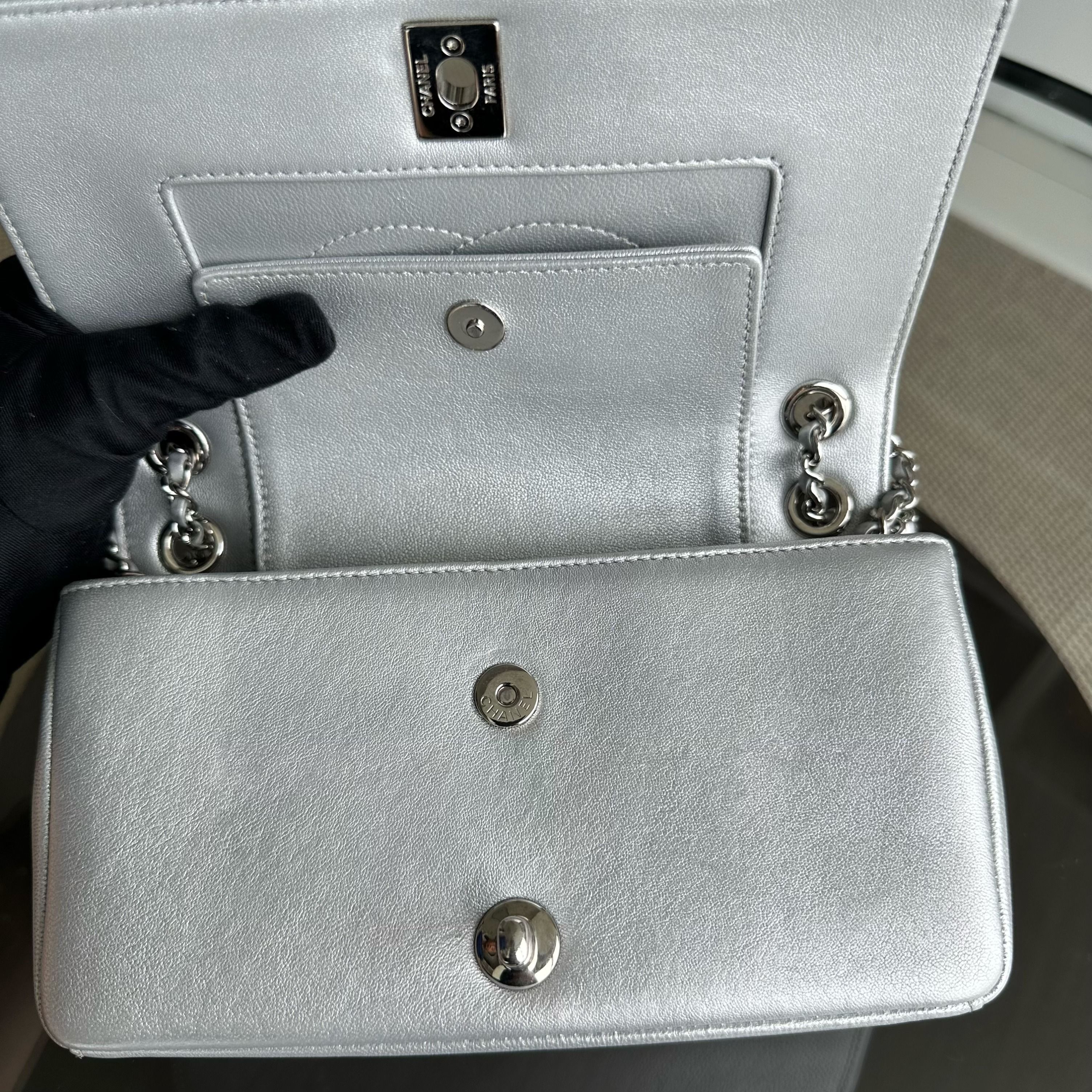 *Full Set, Receipt* Chanel Mademoiselle Small Seasonal Double Flap Chevron Calfskin Silver No 24 - Luxury Evermore