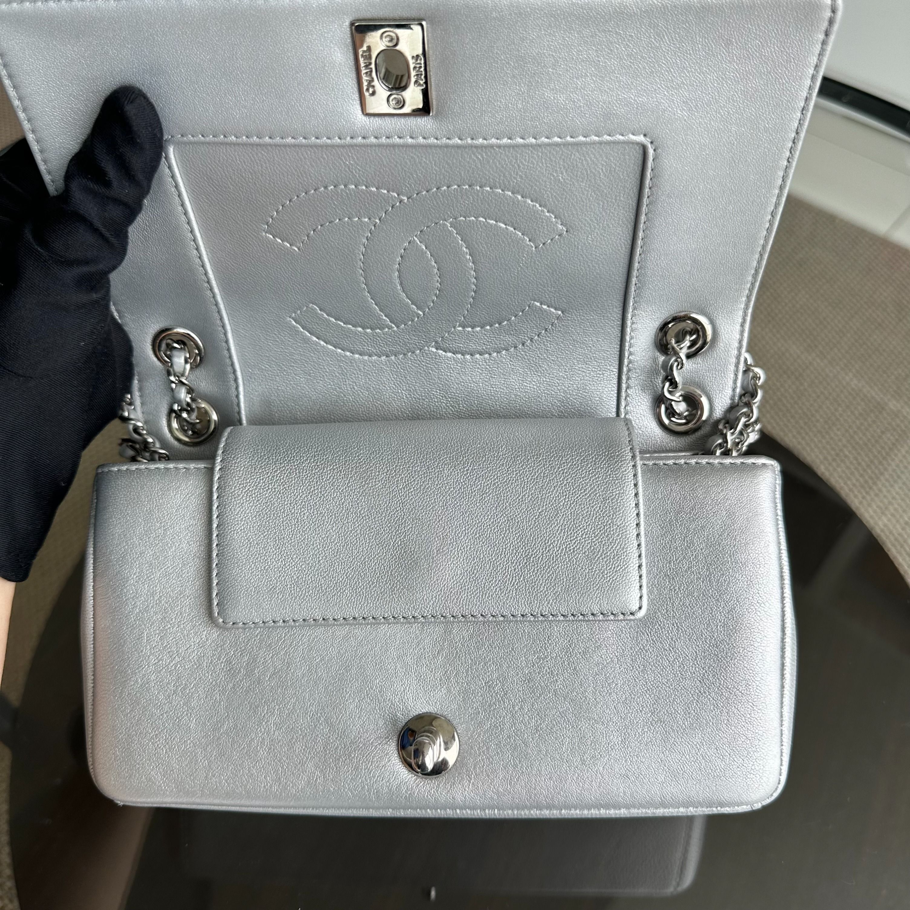 *Full Set, Receipt* Chanel Mademoiselle Small Seasonal Double Flap Chevron Calfskin Silver No 24 - Luxury Evermore