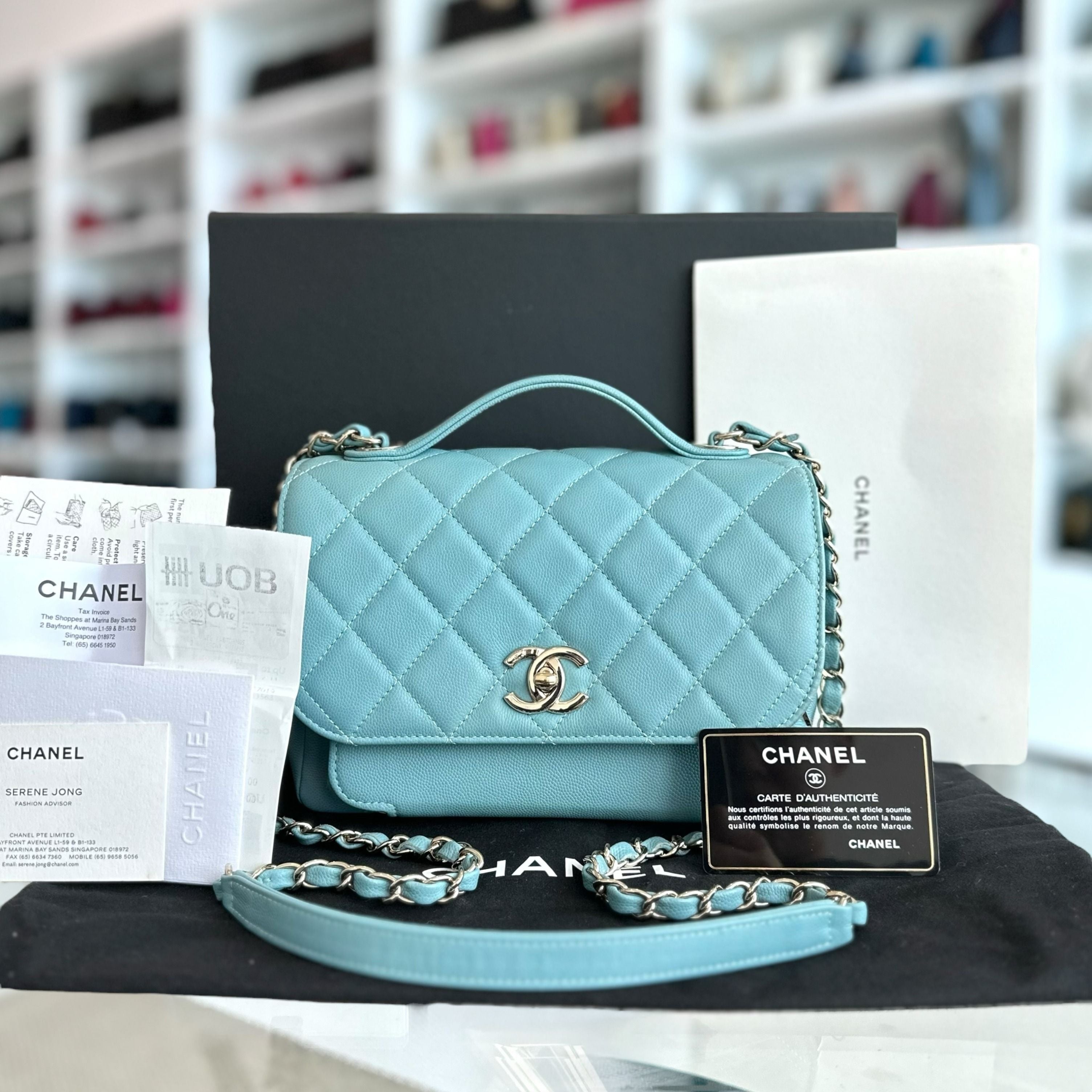 *Full Set, Receipt* Chanel Medium Business Affinity Quilted Caviar Blue GHW No 29 - Luxury Evermore