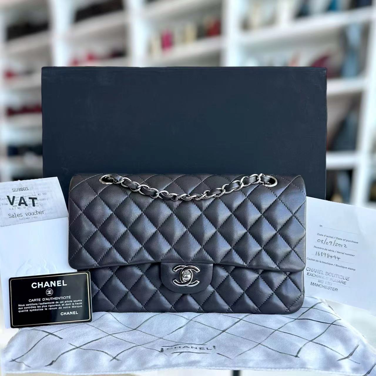 *Full Set, Receipt* Chanel Medium Classic Flap Double Flap 25CM Quilted Lambskin Dark Grey Gray Silver Hardware Series 16 - Luxury Evermore