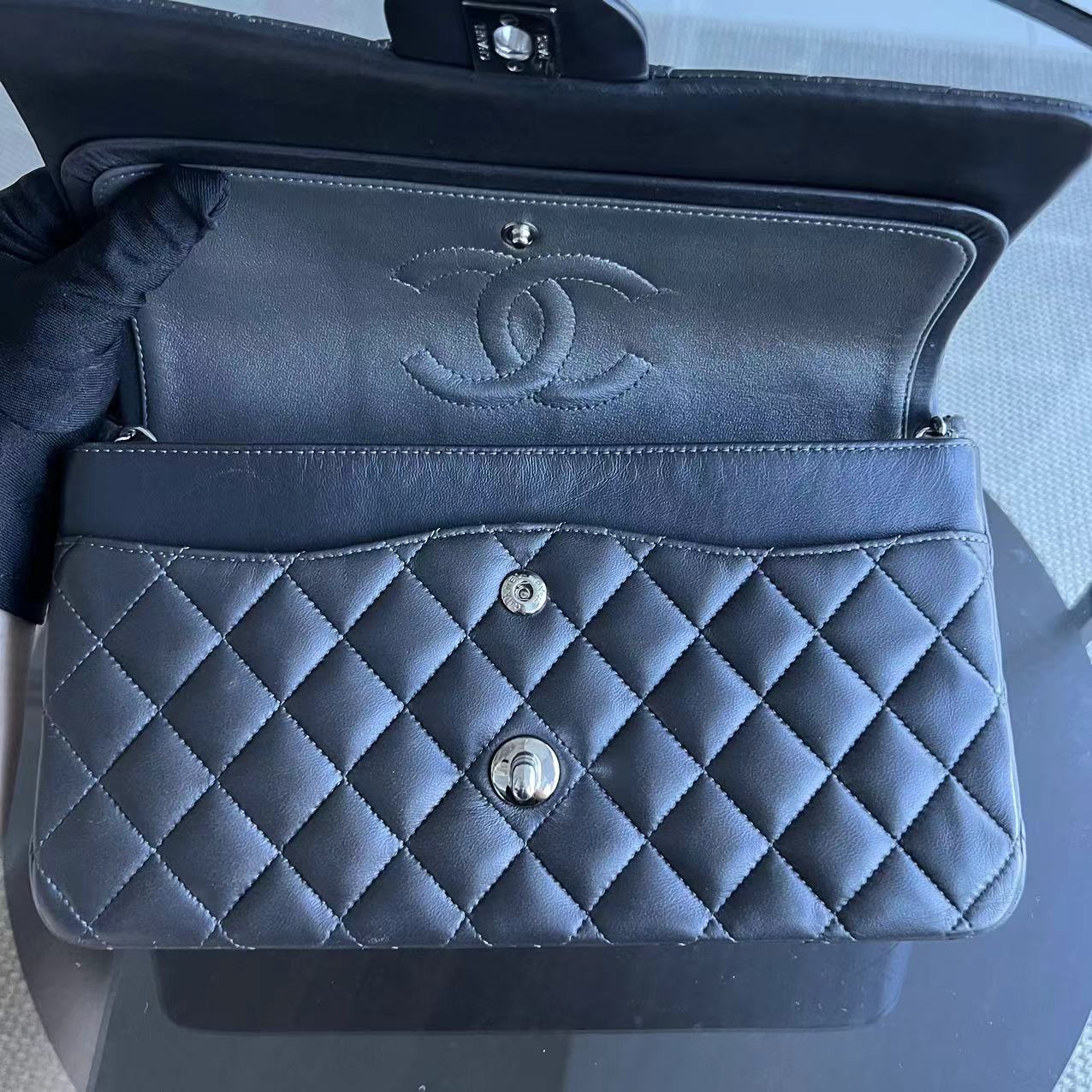 *Full Set, Receipt* Chanel Medium Classic Flap Double Flap 25CM Quilted Lambskin Dark Grey Gray Silver Hardware Series 16 - Luxury Evermore