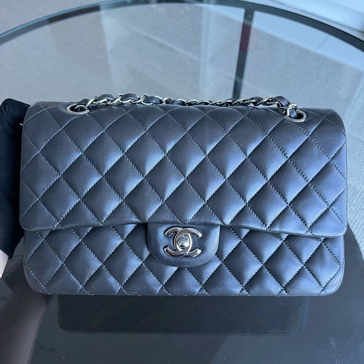 *Full Set, Receipt* Chanel Medium Classic Flap Double Flap 25CM Quilted Lambskin Dark Grey Gray Silver Hardware Series 16 - Luxury Evermore