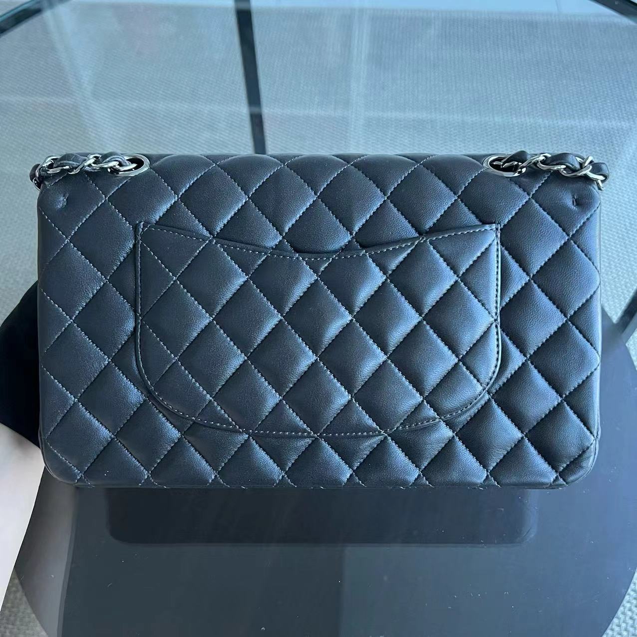 *Full Set, Receipt* Chanel Medium Classic Flap Double Flap 25CM Quilted Lambskin Dark Grey Gray Silver Hardware Series 16 - Luxury Evermore