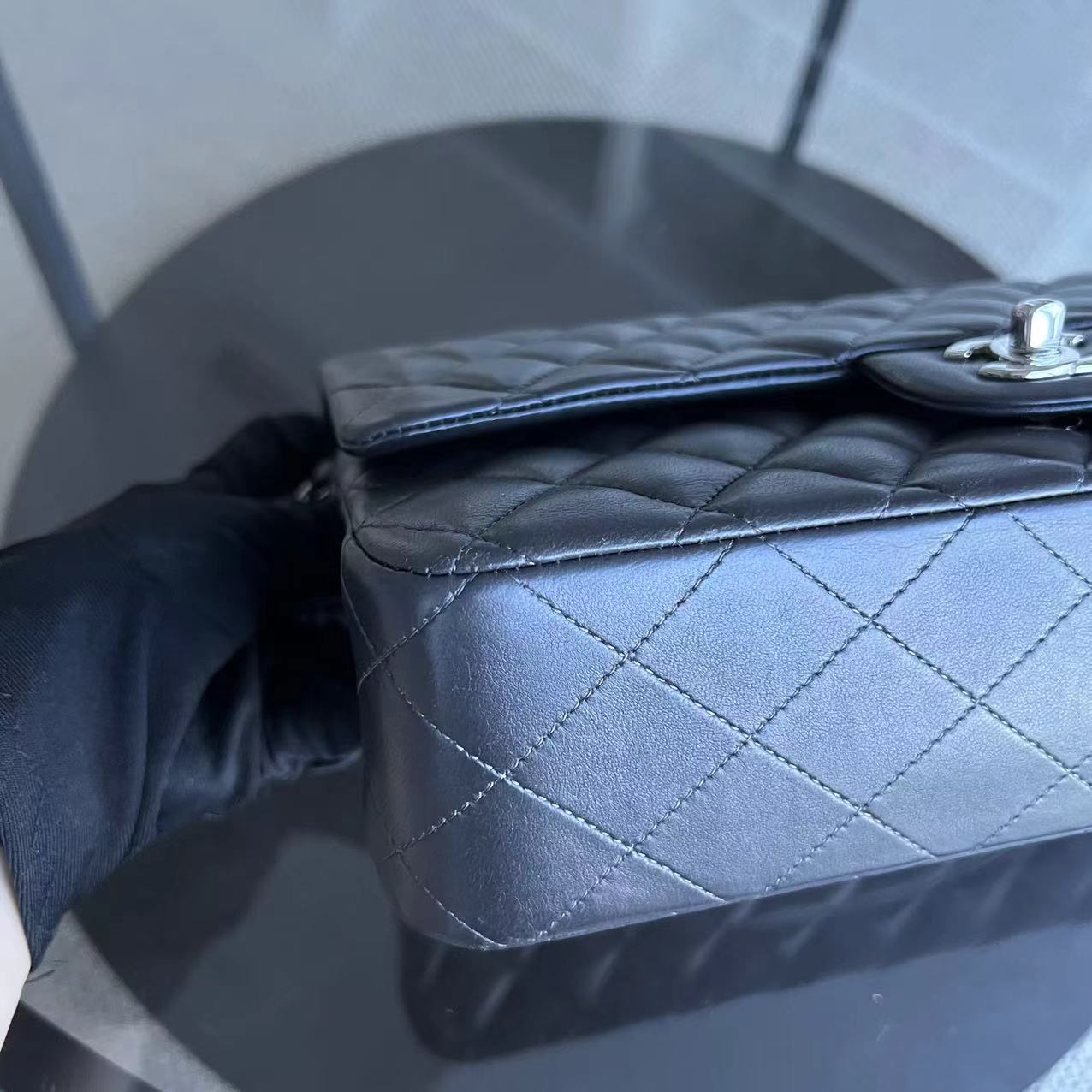 *Full Set, Receipt* Chanel Medium Classic Flap Double Flap 25CM Quilted Lambskin Dark Grey Gray Silver Hardware Series 16 - Luxury Evermore