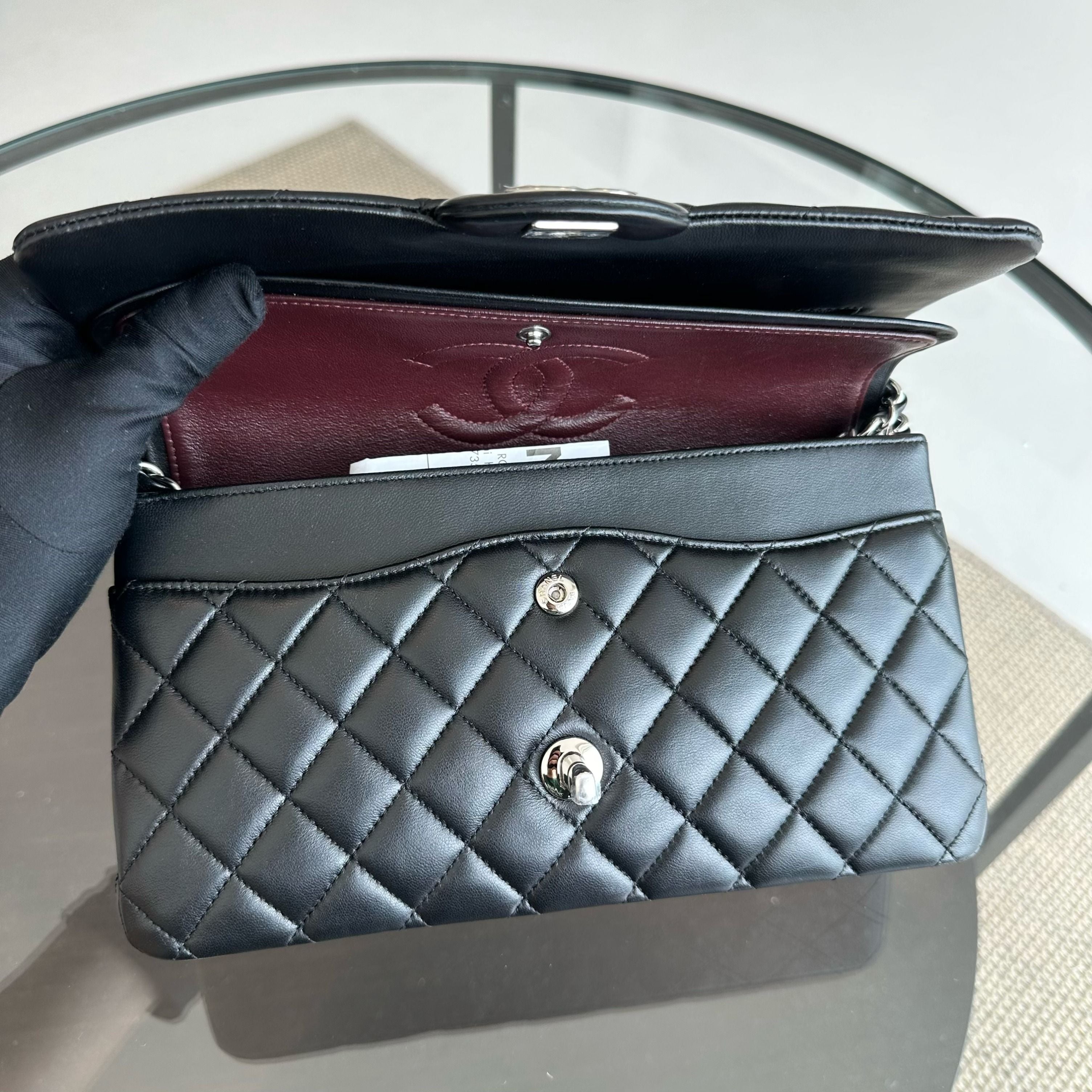 *Full Set, Receipt* Chanel Medium Classic Flap Lambskin Quilted Black SHW No 21 - Luxury Evermore