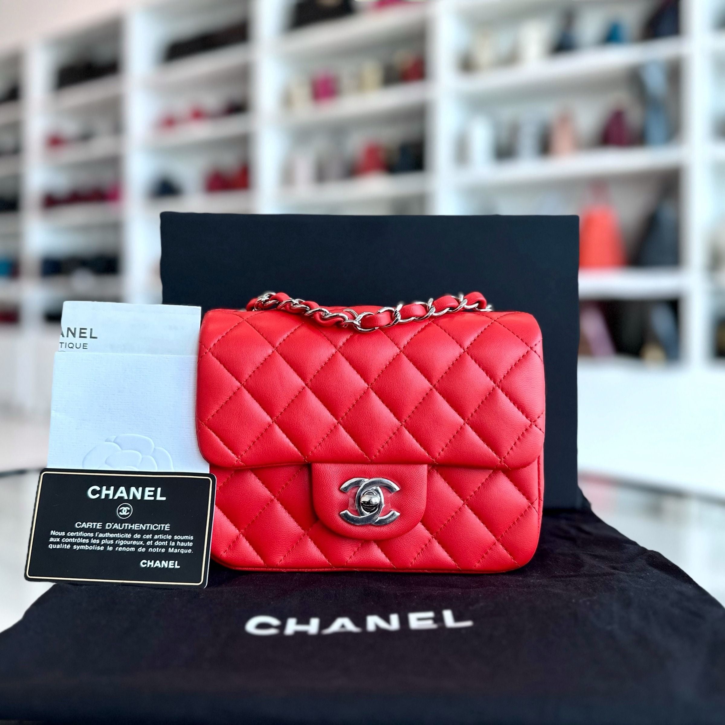 *Full Set, Receipt* Chanel Mini Square Classic Flap Quilted Lambskin Orange Red SHW No 27 - Luxury Evermore