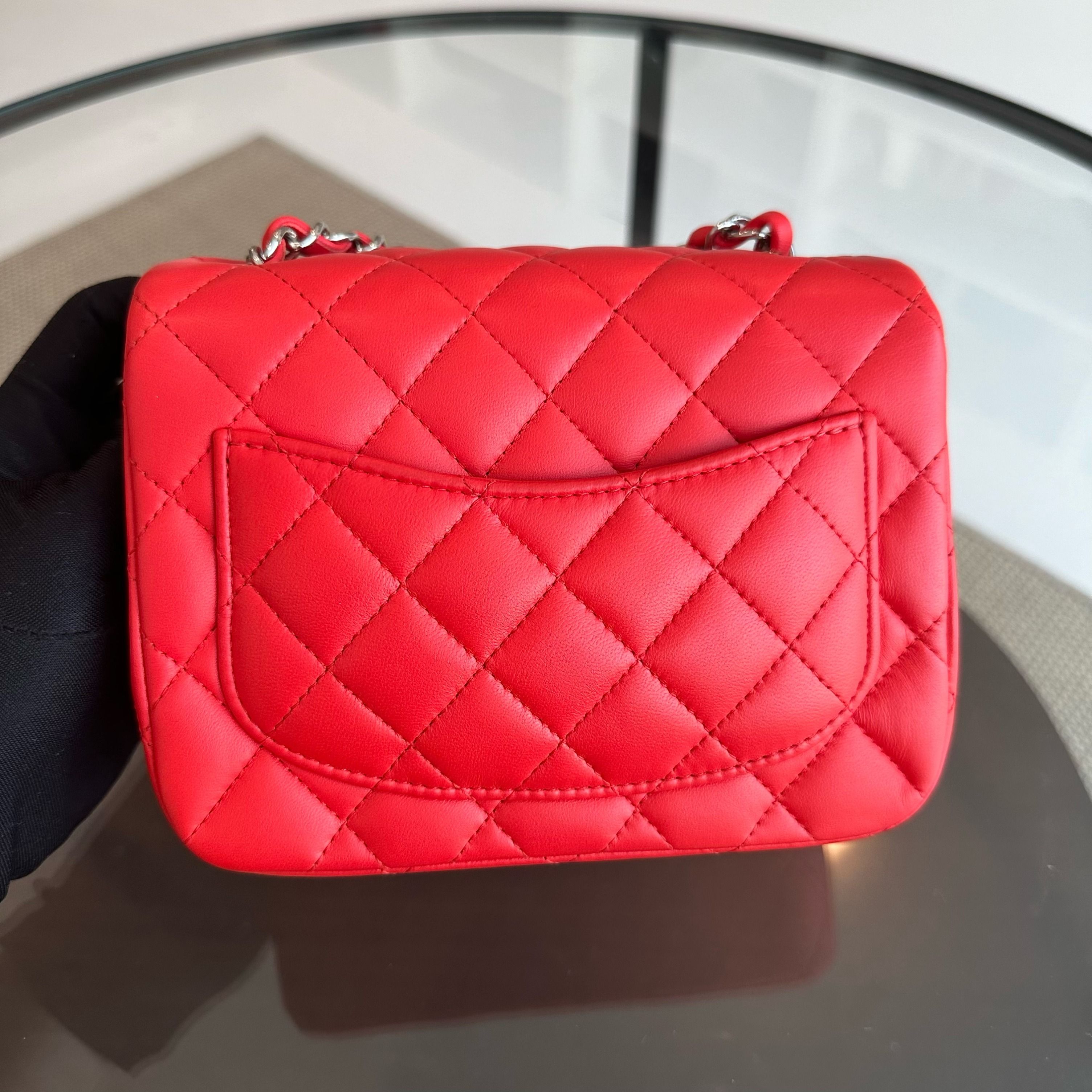 *Full Set, Receipt* Chanel Mini Square Classic Flap Quilted Lambskin Orange Red SHW No 27 - Luxury Evermore