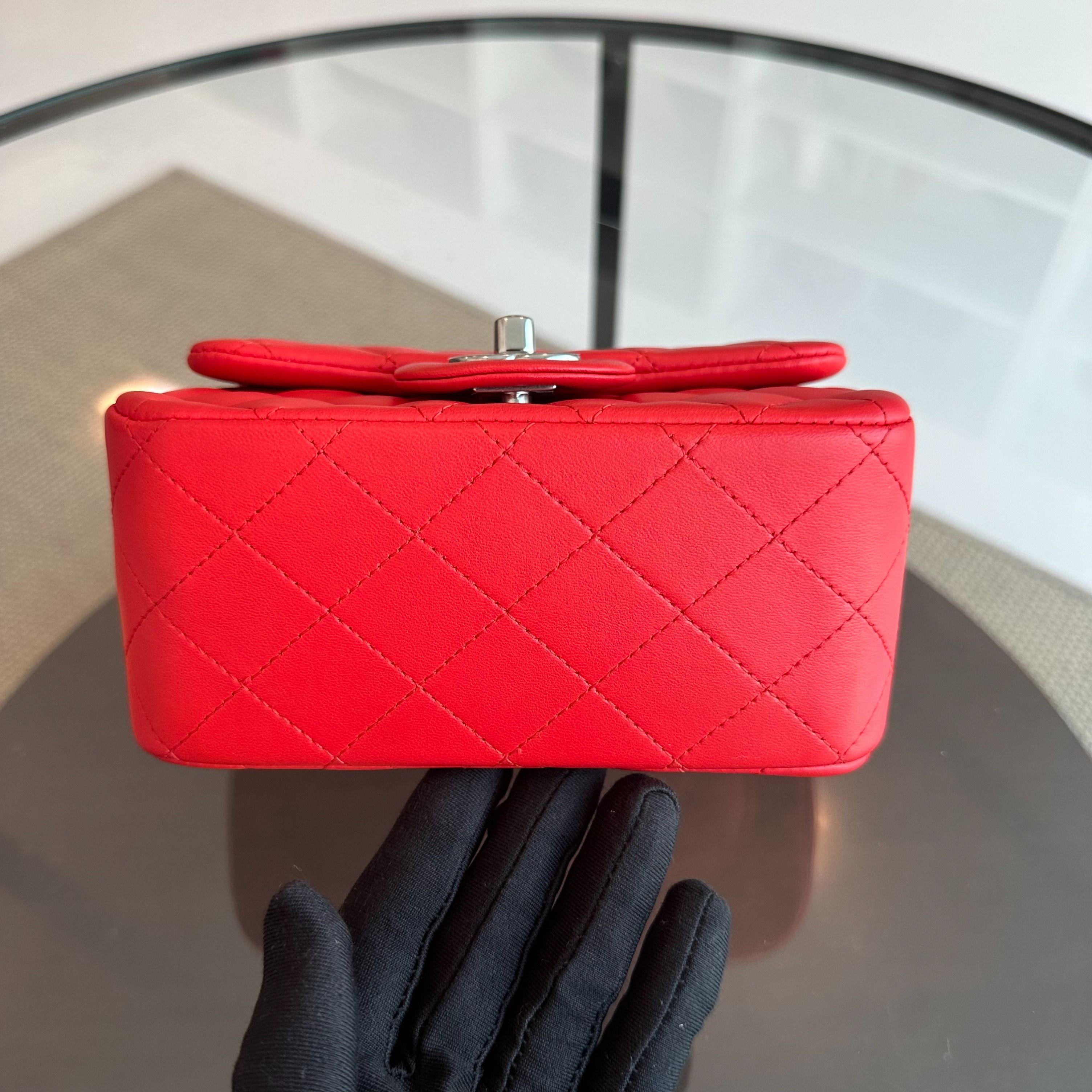 *Full Set, Receipt* Chanel Mini Square Classic Flap Quilted Lambskin Orange Red SHW No 27 - Luxury Evermore