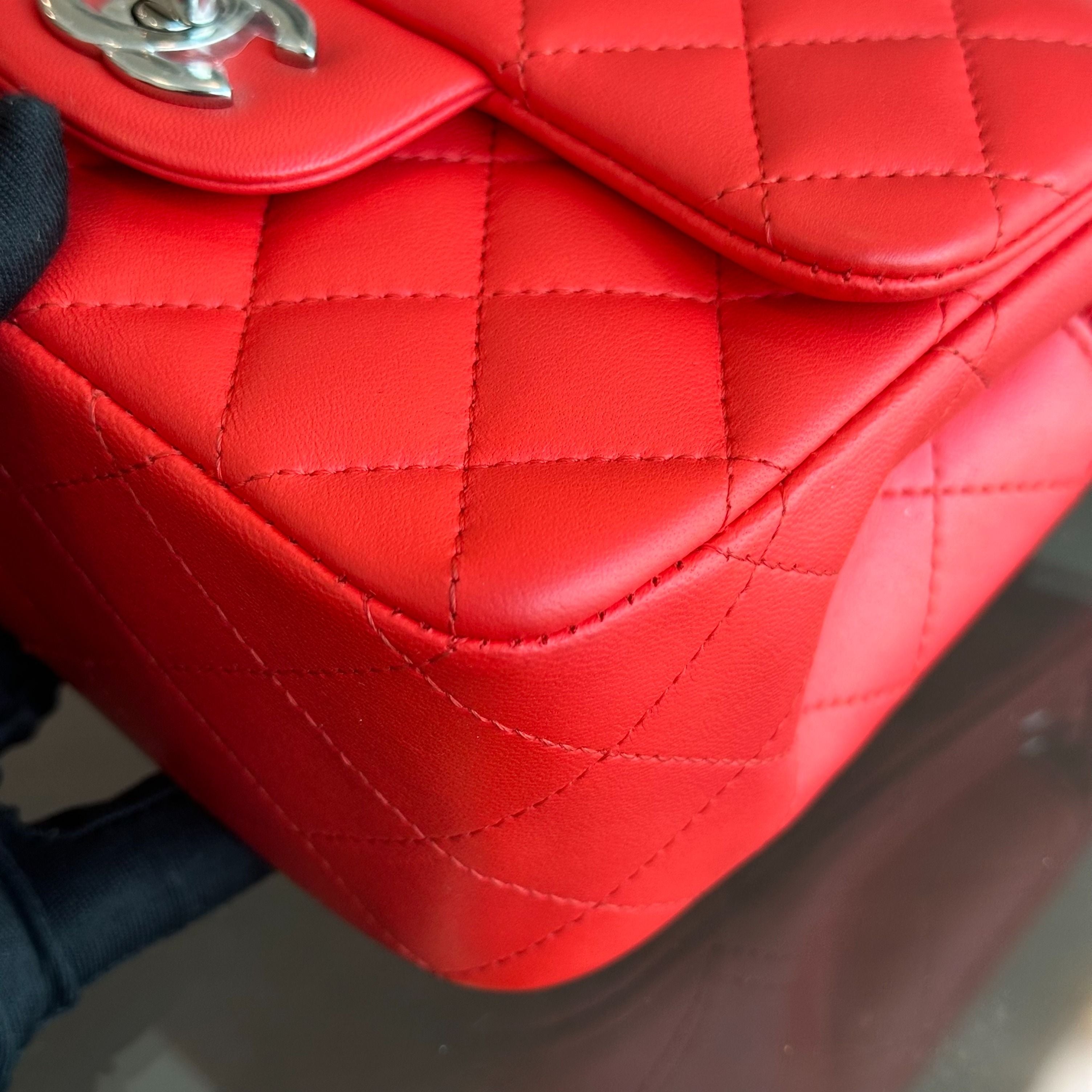 *Full Set, Receipt* Chanel Mini Square Classic Flap Quilted Lambskin Orange Red SHW No 27 - Luxury Evermore