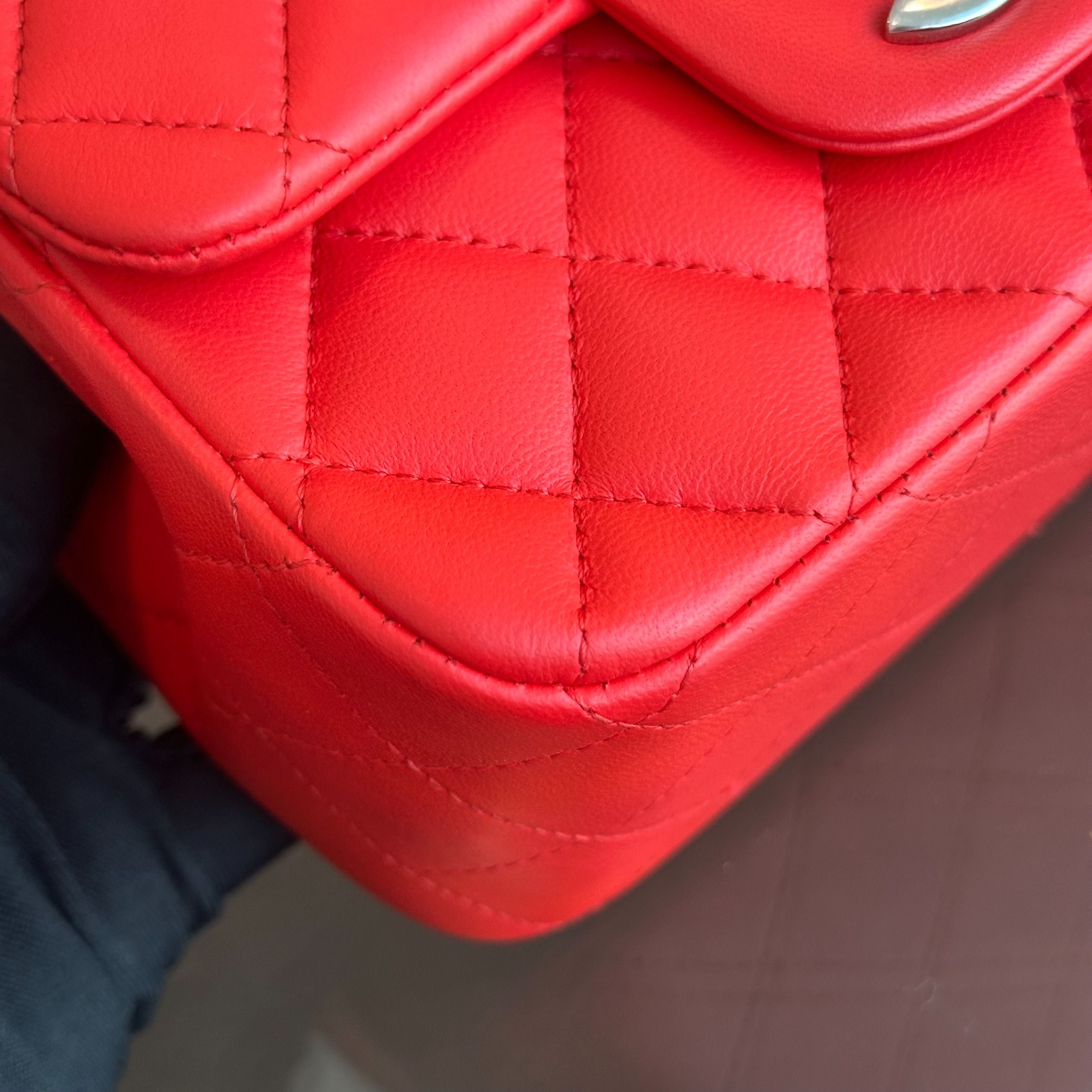 *Full Set, Receipt* Chanel Mini Square Classic Flap Quilted Lambskin Orange Red SHW No 27 - Luxury Evermore