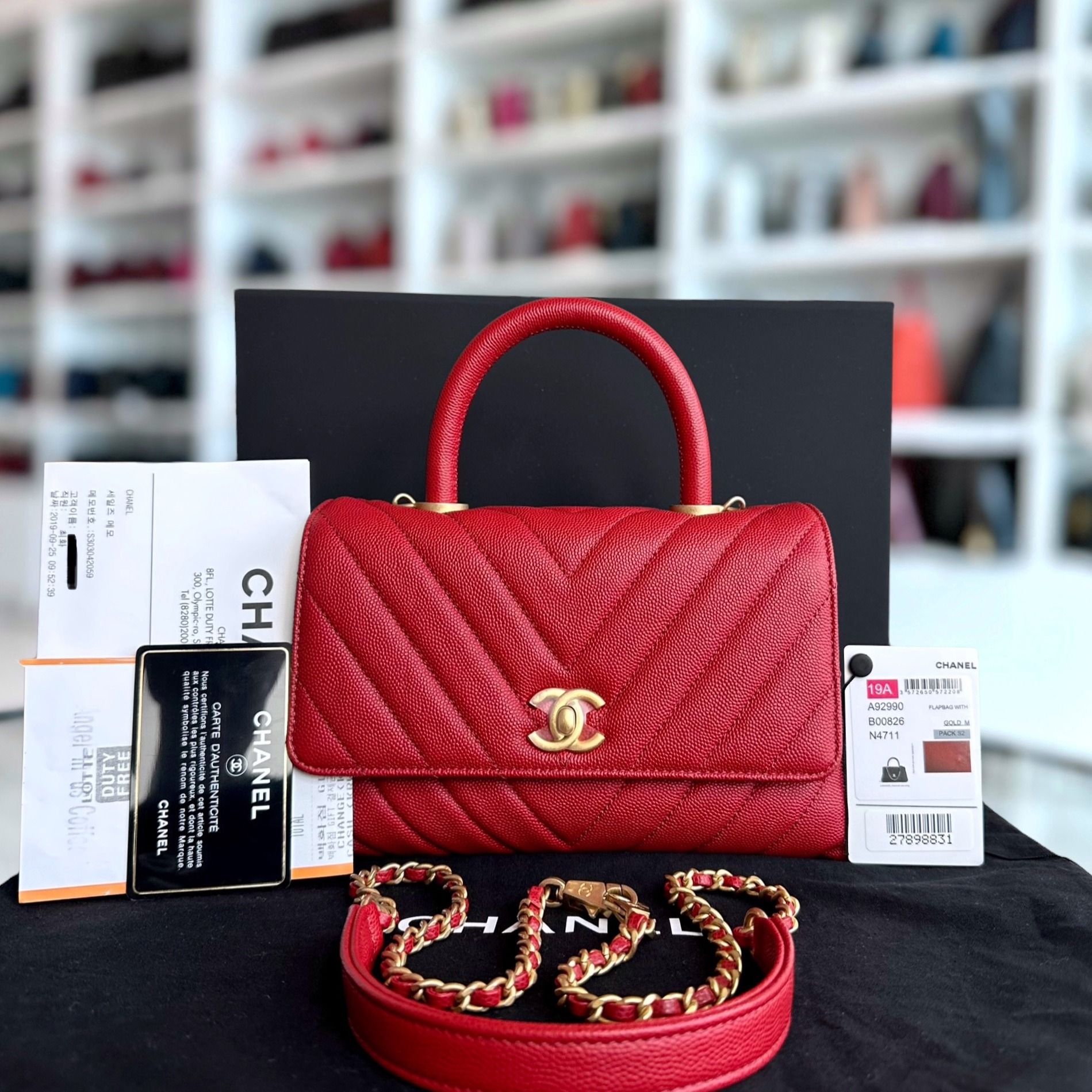 *Full Set, Receipt* Chanel Small Caviar Coco Handle Chevron Grained Calfskin Red GHW No 27 - Luxury Evermore