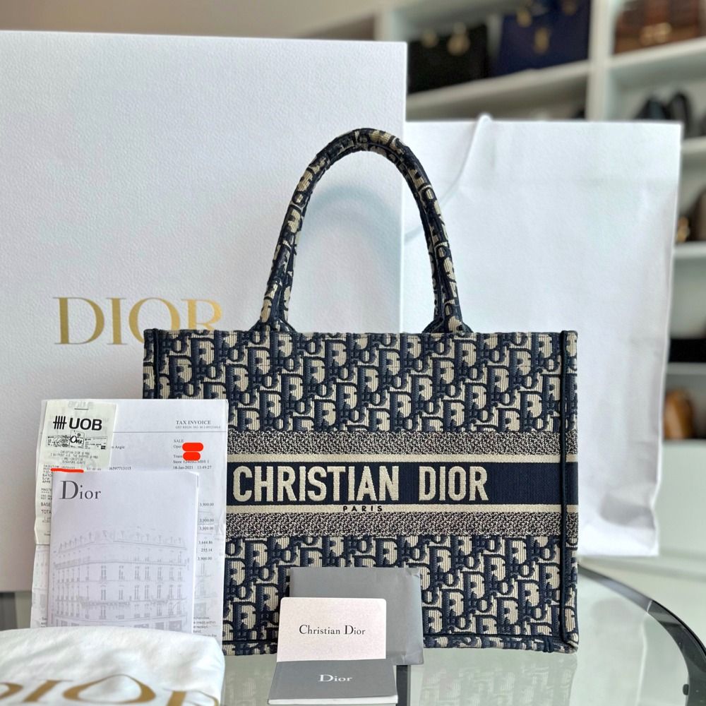 *Full Set, Receipt* Dior Book Tote Medium Oblique Canvas Blue - Luxury Evermore