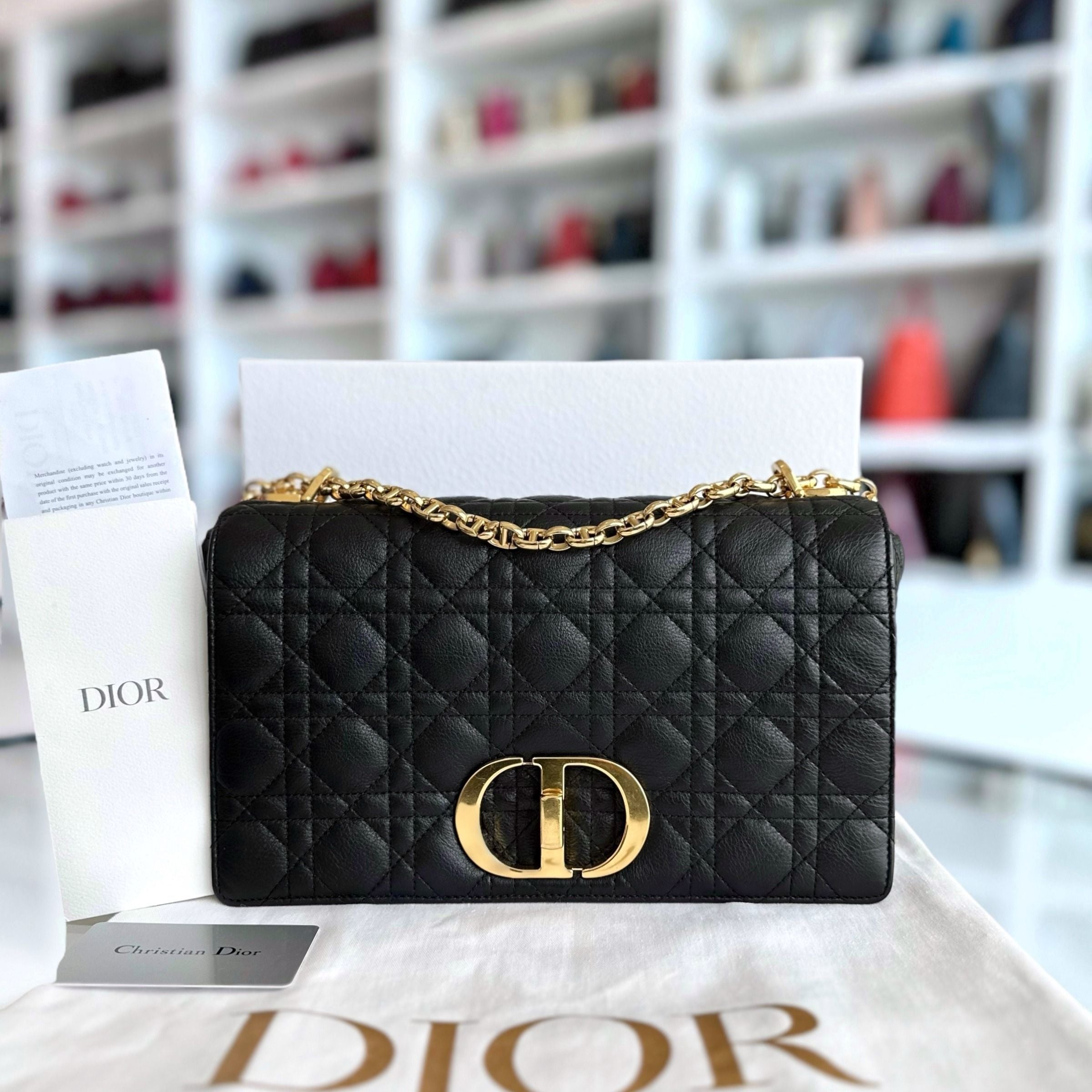 *Full Set, Receipt* Dior Caro Large Cannage Calfskin Black GHW - Luxury Evermore