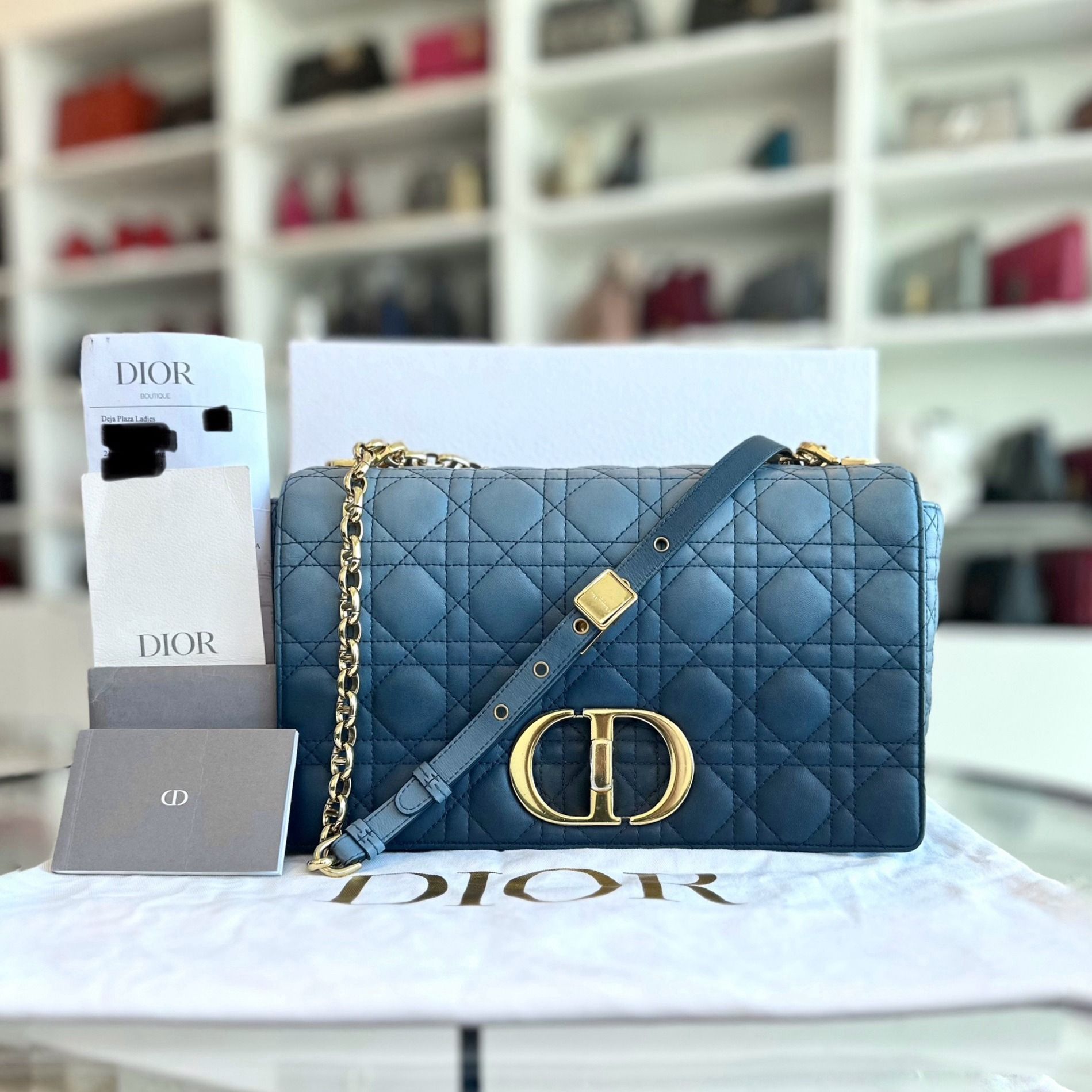 *Full Set Receipt* Dior Caro Large Flap Calfskin Gradient Blue GHW - Luxury Evermore