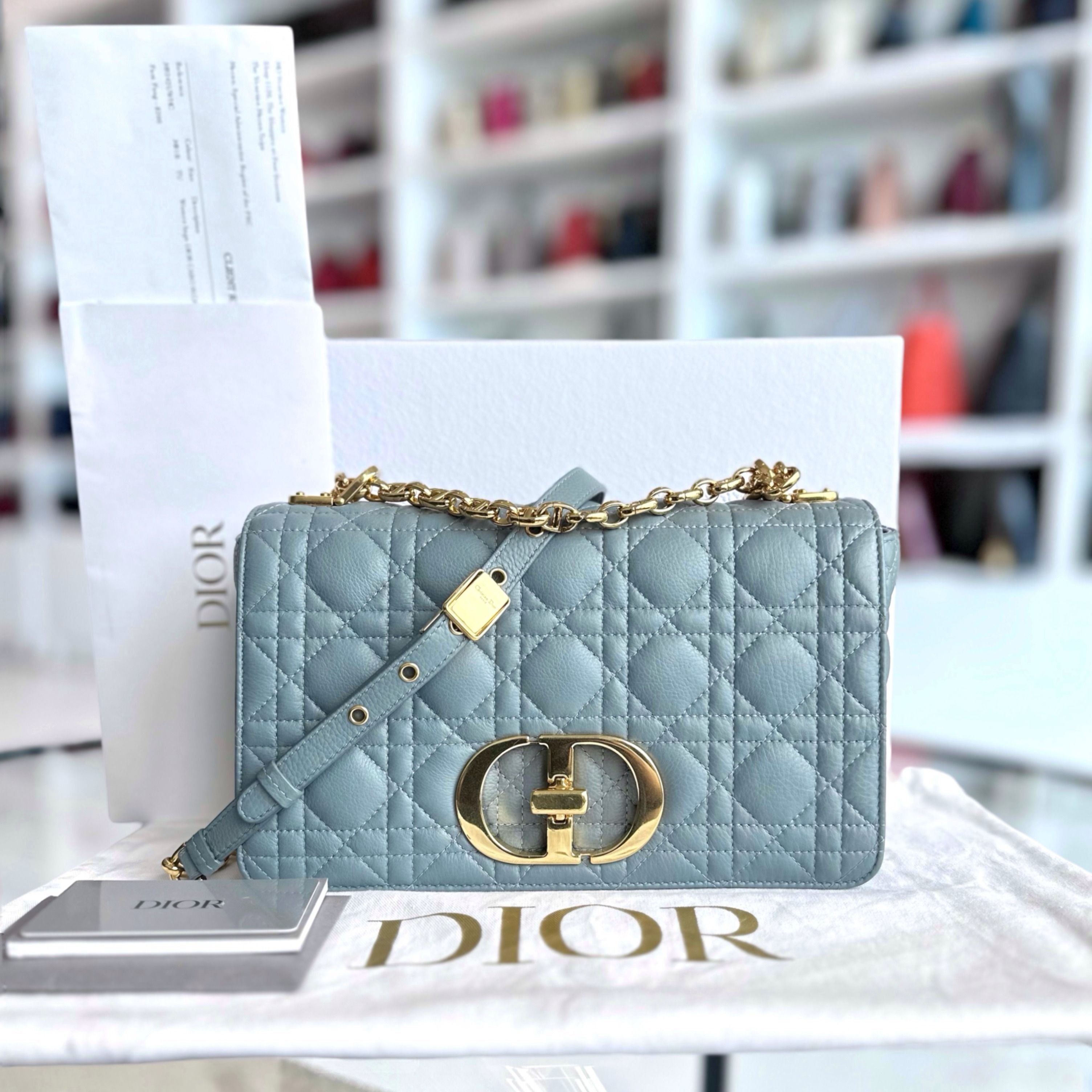 *Full Set, Receipt* Dior Caro Medium Calfskin Flap Haze Blue GHW - Luxury Evermore