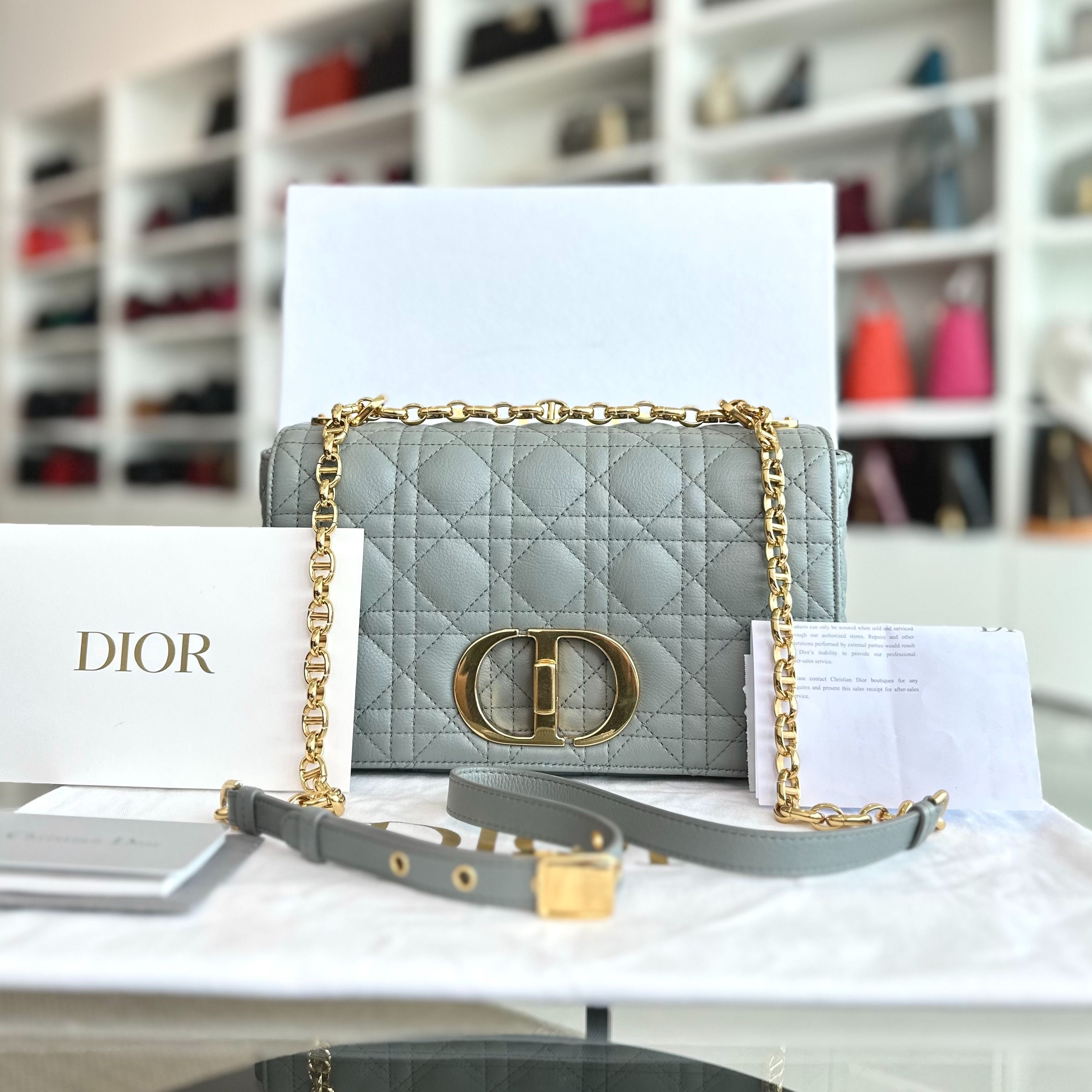 *Full Set, Receipt* Dior Caro Medium Grained Calfskin Cannage Flap Grey GHW - Luxury Evermore